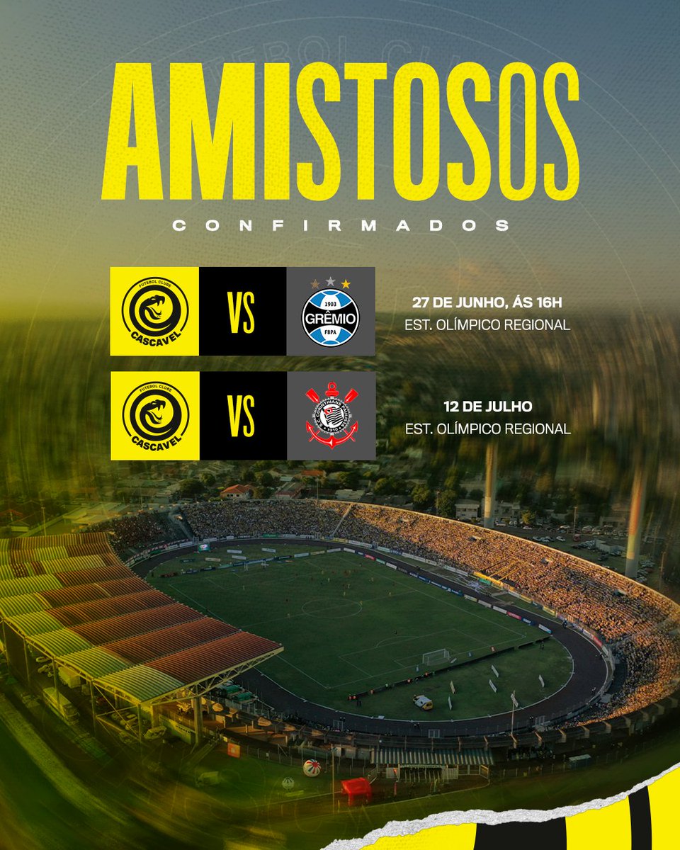 fc_cascavel's tweet photo. Amistosos confirmados! 🟡⚫️

Durante a Copa do Mundo, o Cascavel receberá dois gigantes do futebol brasileiro no Estádio Olímpico Regional. 

🎟️ Os ingressos estarão disponíveis a partir das 15h deste sábado (16), pelo site: https://t.co/pJjdhJzaSv

#JogaJuntoCascavel https://t.co/Fk1lg8ui8e