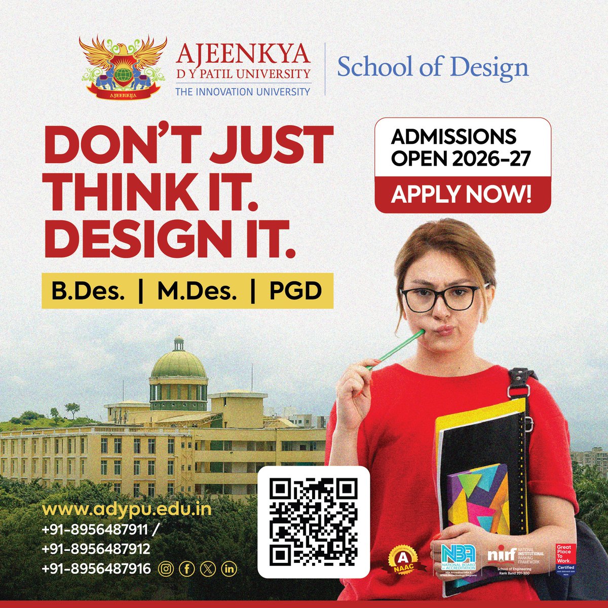 adypuniversity's tweet photo. Creativity meets purpose at the School of Design, Ajeenkya DY Patil University.
Admissions Open 2026–27 for B.Des., M.Des. &amp; PGD Programs.
Turn ideas into innovation and passion into profession.
📍 https://t.co/3O7NxaUH1G
#ADYPU #SchoolOfDesign https://t.co/to8nqFWwPx