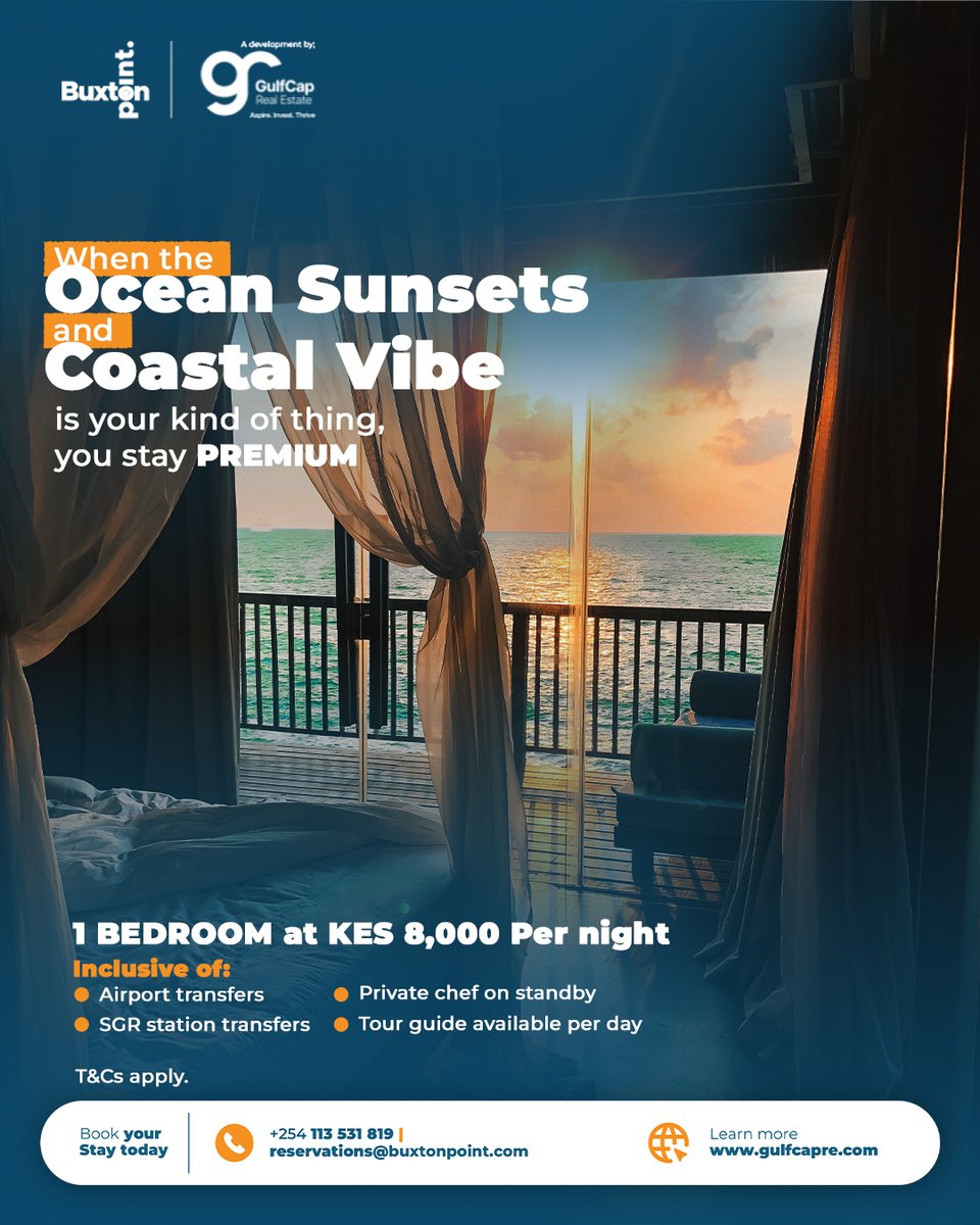 buxtonpoint's tweet photo. Short stays in Mombasa, right where everything connects.

5 mins to CBD, 15 mins to the airport, close to Nyali &amp; top attractions.

1, 2 &amp; 3 bedroom fully serviced apartments with transfers &amp; add-ons on request.

Book with us at +254 113 531 819!

#MombasaStays #KenyaTravel https://t.co/BoSFpl68Jz