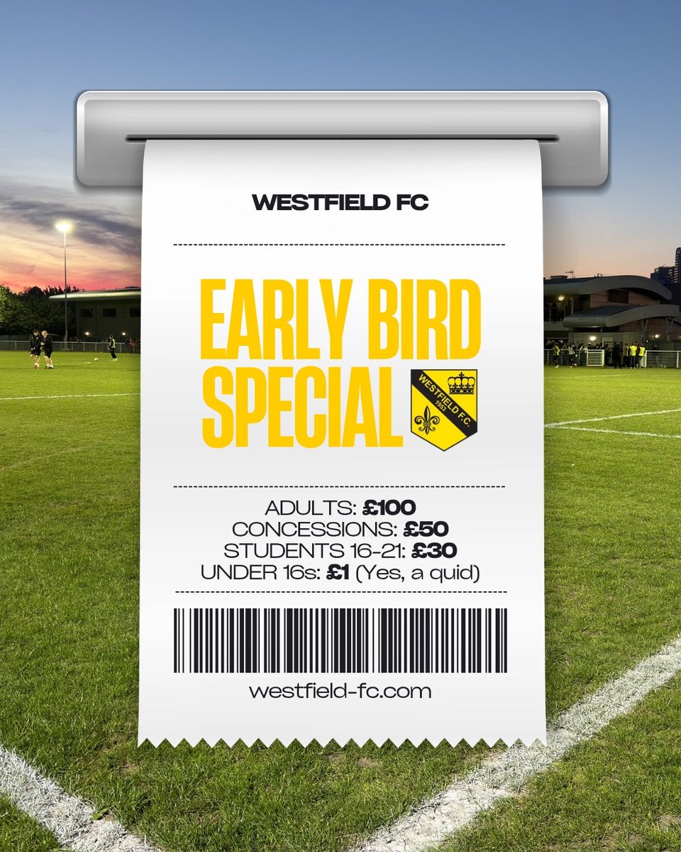 westfield_fc's tweet photo. Early Bird Season Tickets on sale NOW! 🎫

Huge savings to be had if you get yours before 31 May⏳

Link in bio 🔗

🟡⚫

@IsthmianLeague

#westfieldfc https://t.co/0lbYPbJMwW