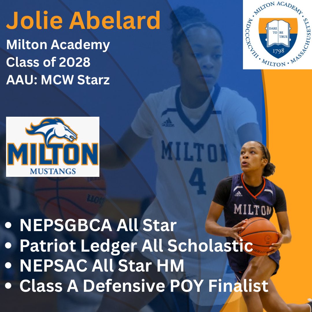 MiltonAcademygb's tweet photo. Congratulations Milton Academy Girls’ Basketball sophomore sensation Jolie Abelard for being selected NEPSGBCA All Star, Patriot Ledger All Scholastic, All NEPSAC All Star HM & Class A Defensive Player of the Year Finalist! #GoStangs #EarnedIt #MustangsRising https://t.co/a8YrIQ8Svu