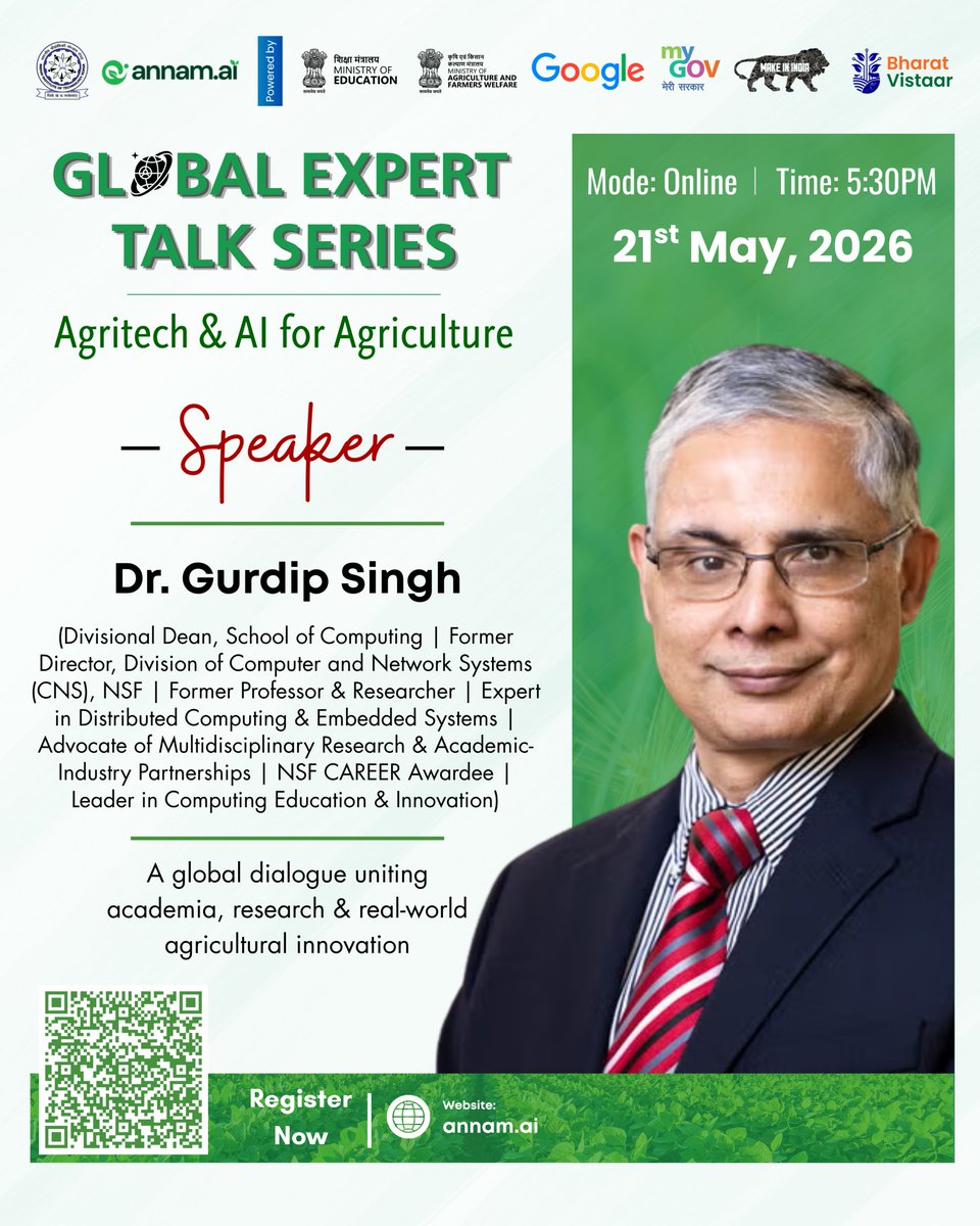 ANNAMAI_IITRPR's tweet photo. Excited to announce the next #Global_Expert_Talk_Series! 🌾

Join us with Dr. Gurdip Singh (Dean, @GeorgeMasonU &amp; former @NSF Director) to explore how advanced computing and AI are transforming the future of #Agriculture.

Zoom Link: https://t.co/P9BnJvbCta https://t.co/l4OVMfNum6