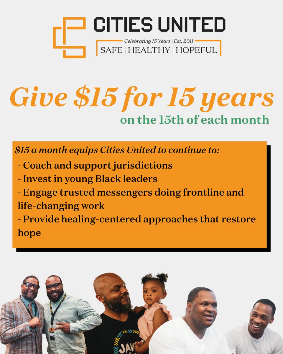 CitiesUnited's tweet photo. 15 years ago, this work began as a call to action. Today, it’s a movement creating safe, healthy, and hopeful communities for young Black men and boys. 🧡 Give $15 to support young leaders, frontline organizers, and violence intervention strategies. https://t.co/GKDQ7IookL https://t.co/ETfIcyoSIk
