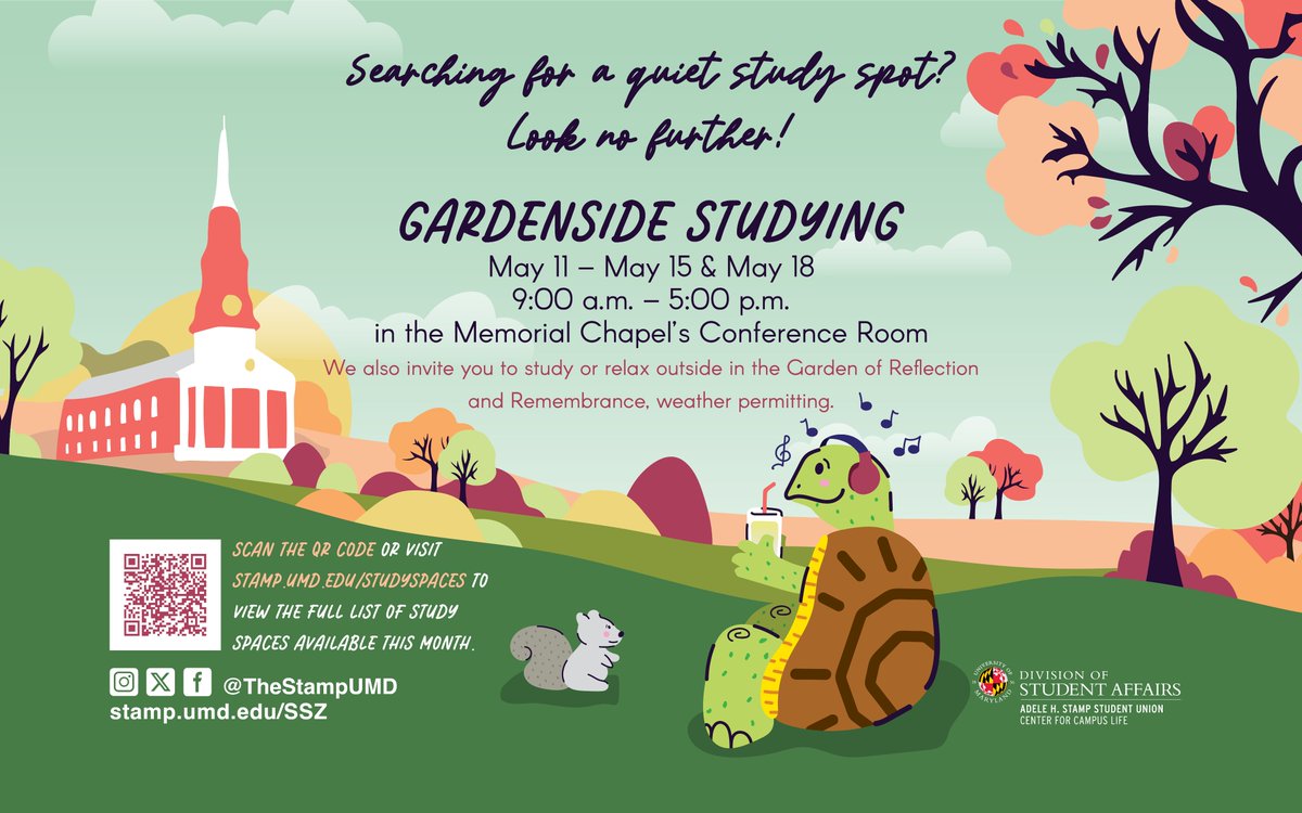 thestampumd's tweet photo. Lean on the power of nature to combat your finals stress—@chapelumd is offering Gardenside Studying today and this coming Monday. Visit their conference room for some quiet study time and snacks, or find a spot in the gardens outside. 🌿 https://t.co/PpCqUHGejO