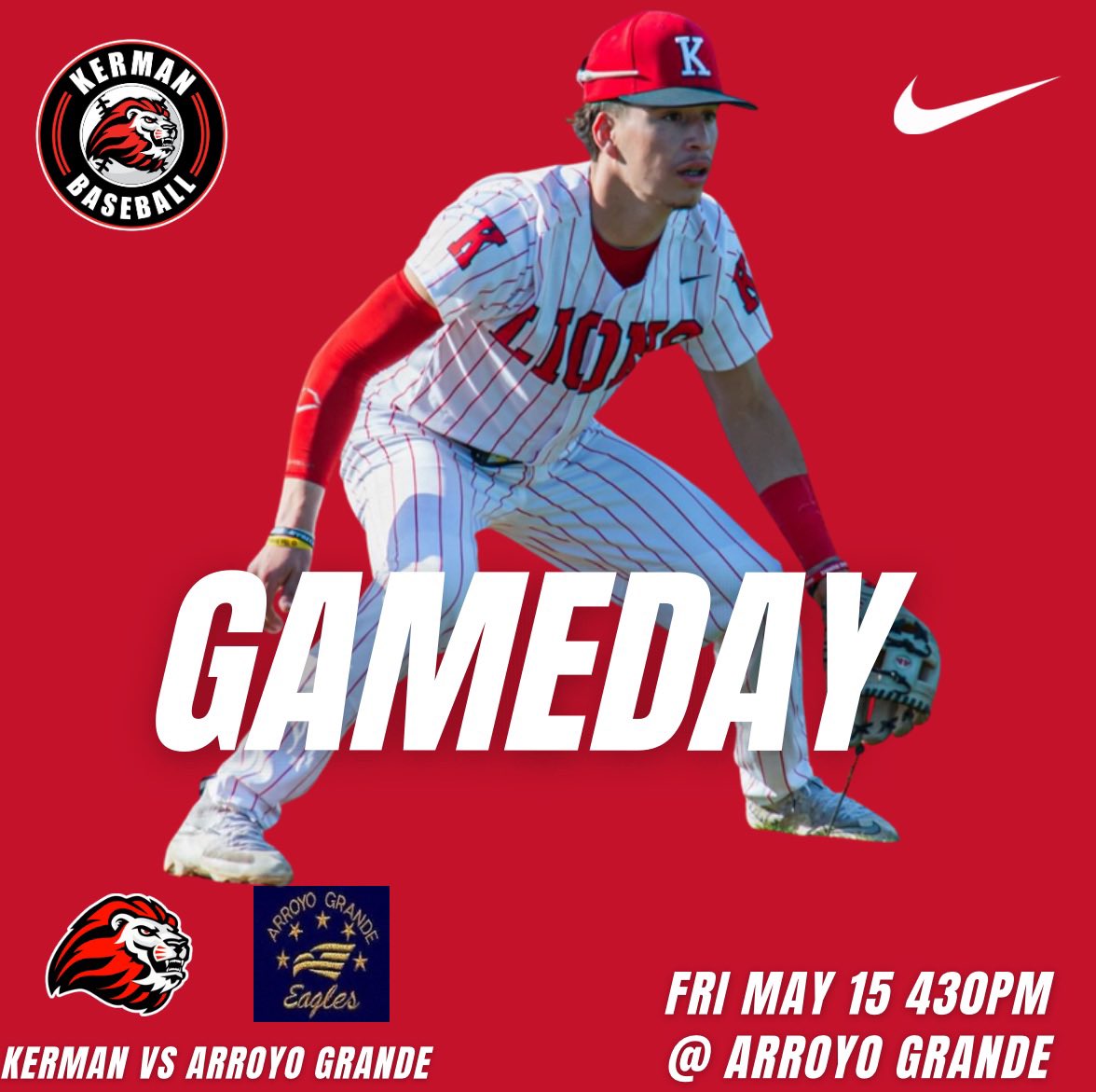 kermanbaseball's tweet photo. The Lions head to the coast to take on the Eagles of Arroyo Grande in the 1st round of the Division II playoffs. Head to the beach and enjoy some cool weather and support the boys. Go Lions! https://t.co/j9pH17mnAl