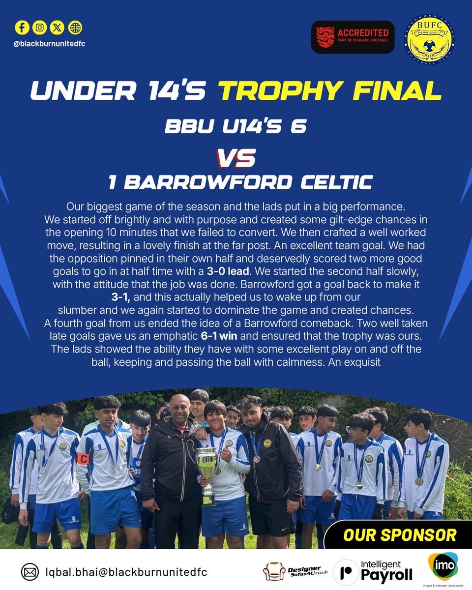 BlackburnUtdFC's tweet photo. CHAMPIONS ๐
An outstanding performance from our U14s in the Trophy Final, securing an emphatic 6-1 win against Barrowford Celtic.
Massive congratulations to the players, coaches, and supporters ๐๐๐
#BlackburnUnitedFC #BBUFC #U14s #TrophyFinal #Champions https://t.co/4ALABnU7XA