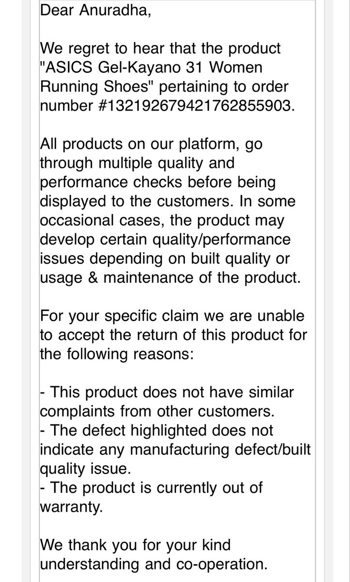 anuwag's tweet photo. @ASICS_India
After ASICS approved my refund/return by Myntra, here is what Myntra replies after a month of correspondence! Regrettable ! @MyntraSupport https://t.co/oBZ7pkISGu