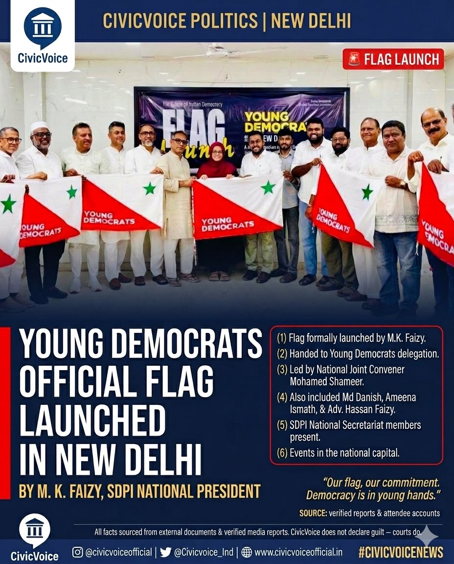 Civicvoice_Ind's tweet photo. 🚨BIG BREAKING: Young Democrats Official Flag Launched in New Delhi!
#CIVICVOICENEWS #YoungDemocrats #FlagLaunch #SDPI #Faizy https://t.co/D0CbJLtMrw