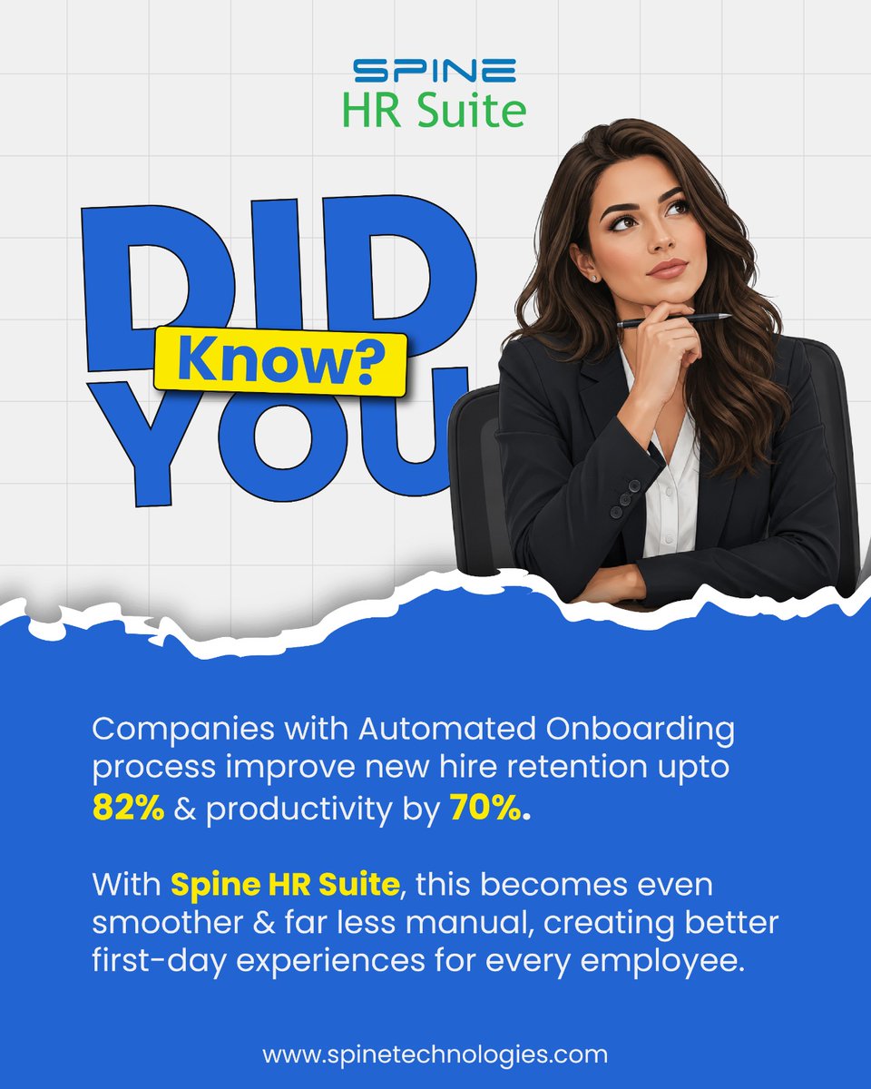 spinetechit's tweet photo. A smooth onboarding experience helps employees feel confident and productive from day one. Spine HR Suite makes onboarding faster, smarter, and more efficient.

#SpineHRSuite #EmployeeOnboarding #HRTech #DigitalHR https://t.co/WFzltwiYjS