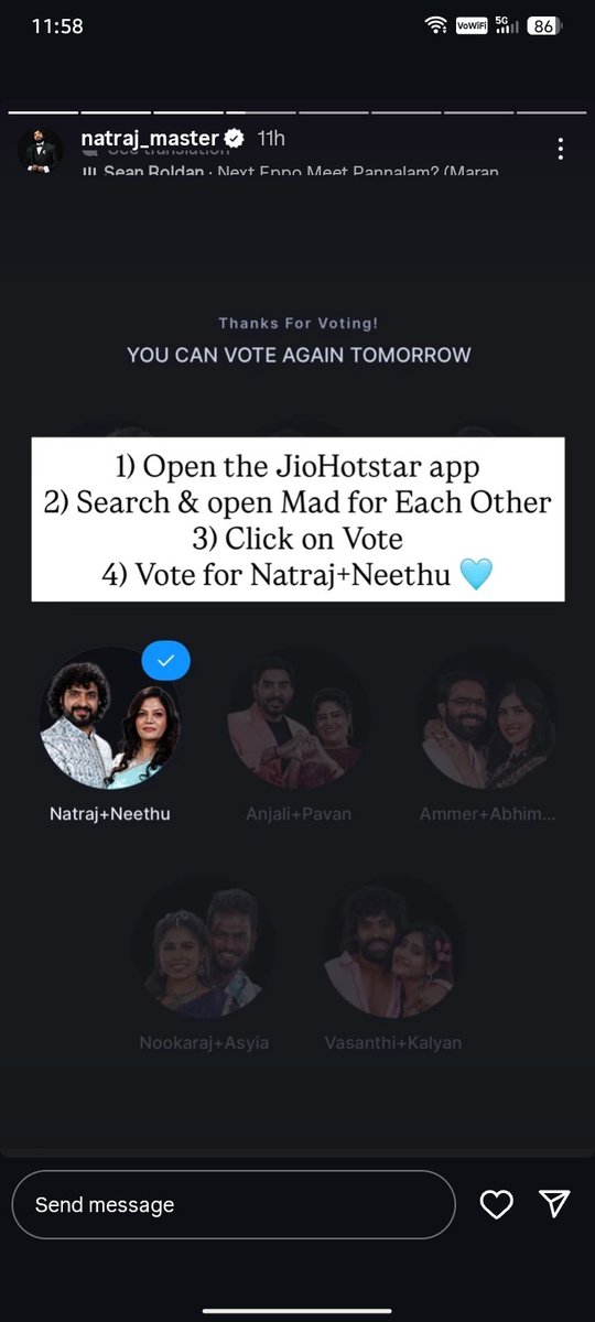 DevicharanYaram's tweet photo. "@NatrajNeethu & @NatrajMaster
Natraj ❤️ Neethu 🔥✨
Best duo, best bonding, best vibe 💯👑
“Together they shine brighter!” 🌟
Vote for Natraj & Neethu
Last week is crucial! Let’s make them win 🏆
#NatrajMaster
#NeethuNatraj
#MadForEachOther https://t.co/CRTUlYwreB