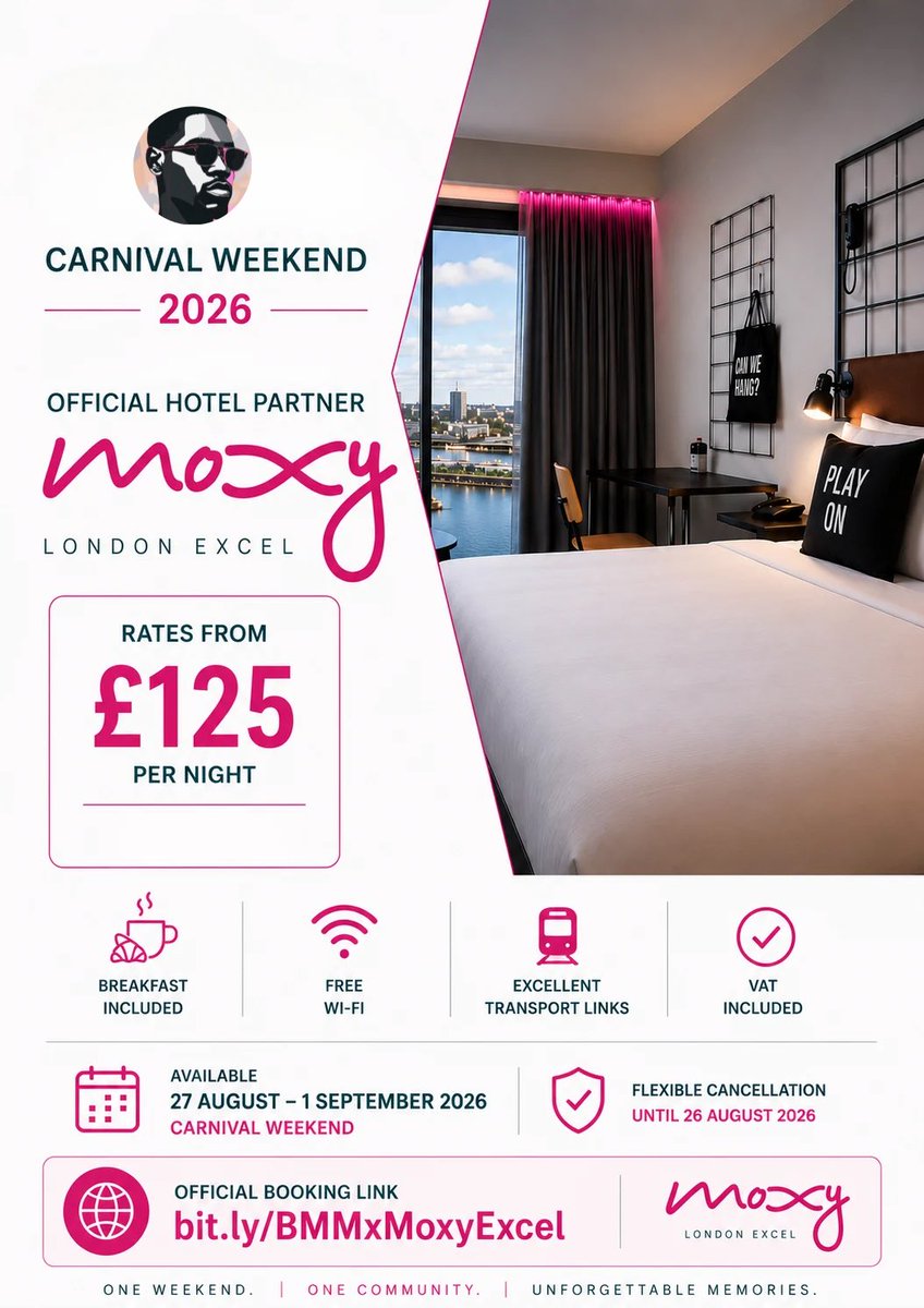 blackmeatmktuk's tweet photo. Coming to London for Carnival Weekend 2026?

We’ve partnered with Moxy London Excel as the official accommodation partner for BMM Carnival Weekend.

Breakfast included. Flexible cancellation available. Excellent transport connections across London.

Limited availability across the Carnival period.

Book directly: https://t.co/MdI2dPzQPT