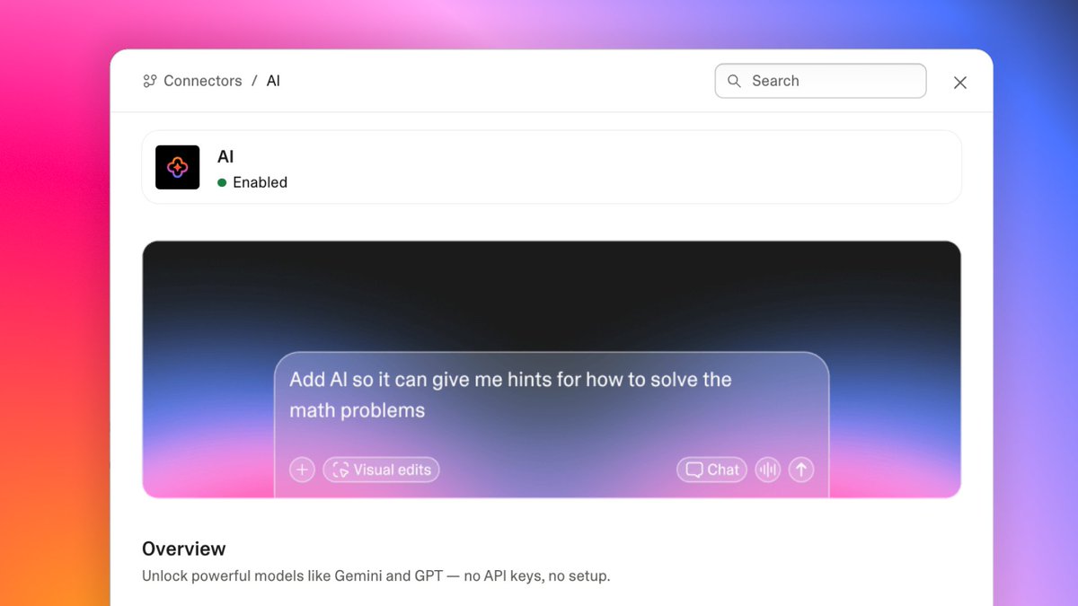 4/5 Lovable AI

Add AI to your app without hunting for API keys.

Chatbots, AI summaries, sentiment ...