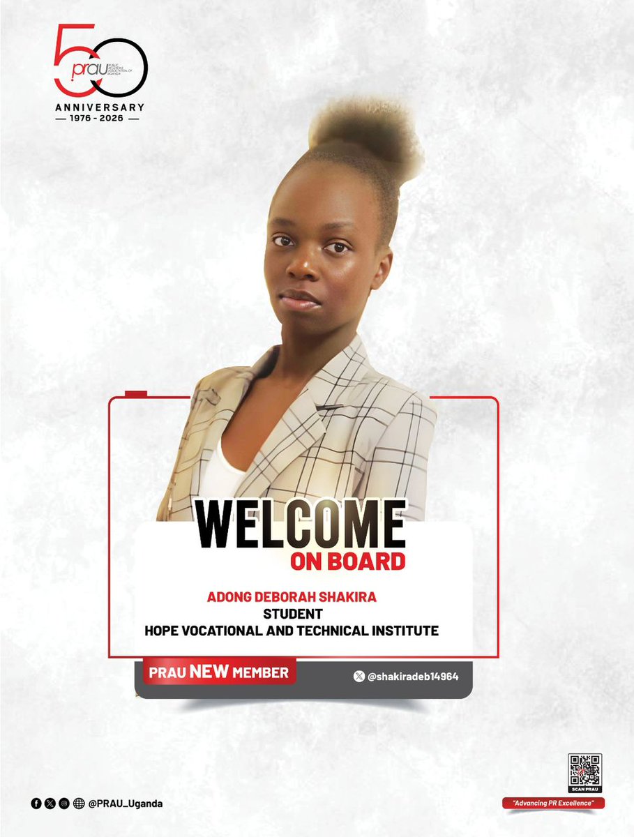 PRAU_Uganda's tweet photo. #NewMemberAlert: 🎉 We PRAU-dly Welcome Adong Deborah Shakira 🎉

Please join us in extending a warm welcome to Adong Deborah Shakira, a dedicated Journalism and Media Studies student from Hope Vocational and Technical Institute.

Currently pursuing a National Certificate, Adong is deeply passionate about communication, storytelling, and digital media. She continues to develop her creative talents in content creation and video editing, while pursuing opportunities to grow within the field of public relations.

Her determination, creativity, and commitment to continuous learning embody the future of professional communication. 

We are excited to have her as part of the PRAU community and look forward to witnessing her growth and contributions to the industry.

✨ Welcome aboard, Adong! Together, we shape the future of communication. ✨

#PRAUAt50
#AdvancingPRExecellence