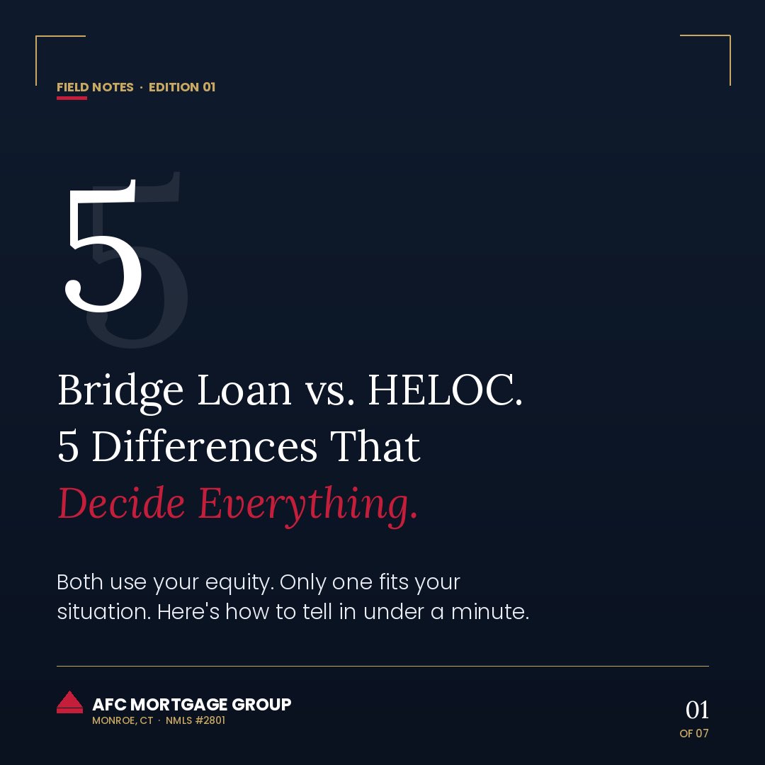 GCiams's tweet photo. Bridge loan vs. HELOC:

Most homeowners treat them like the same thing. They're not.

A bridge loan helps you buy before you sell.
A HELOC gives ongoing access to equity.

Pick wrong and you could:
• Carry 3 payments
• Lose weeks in closing
• Pay thousands more in interest

In markets like Westport, speed matters.

DM “BRIDGE” and I’ll run both options using your real numbers.
— Vito | AFC Mortgage Group