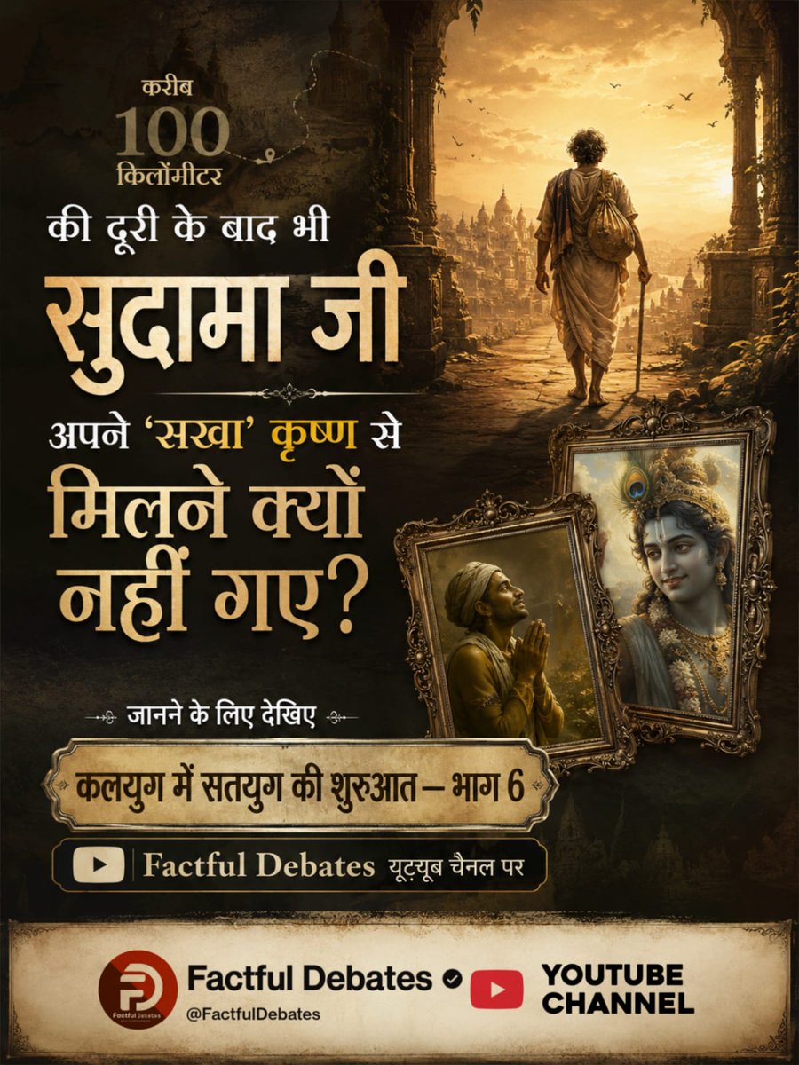 mithaleshd92's tweet photo. करीब 100 किलोंमीटर

की दूरी के बाद भी सुदामा जी अपने 'सखा' कृष्ण से मिलने क्यों नहीं गए?

* जानने के लिए देखिए

कलयुग में सतयुग की शुरुआत – भाग 6

Factful Debates यूट्यूब चैनल पर
#सुदामा_कृष्णजीके_भक्त_नहींथे https://t.co/0YNLJUFfrU