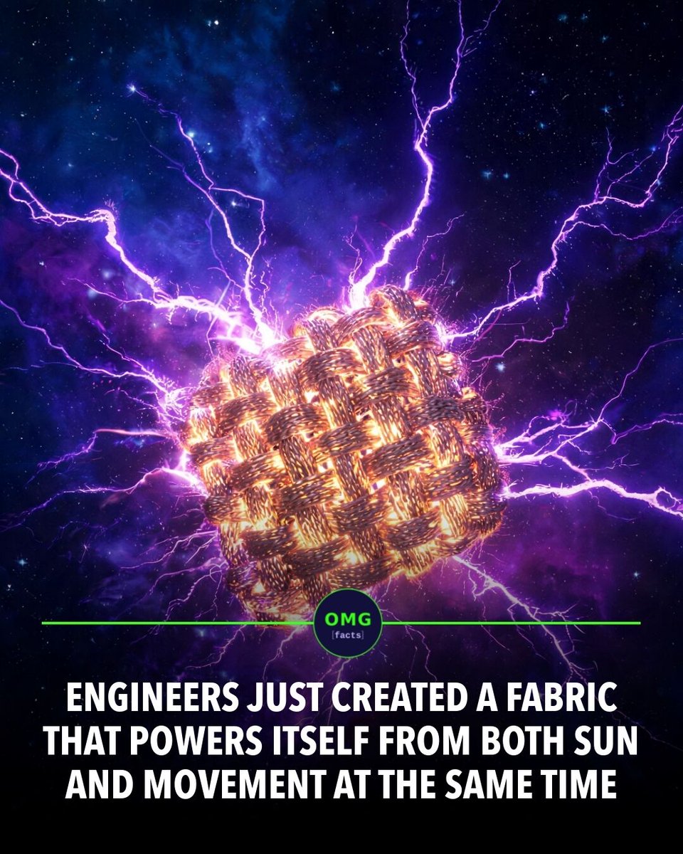 OMGFacts's tweet photo. ⚡ This fabric charges your phone as you walk.
Researchers wove solar cells and motion generators into cloth.
Smart clothing that needs no batteries.
Sources: Georgia Tech, Nature Energy
#omgfacts #SmartTextiles #RenewableEnergy https://t.co/YtLzd5q19v