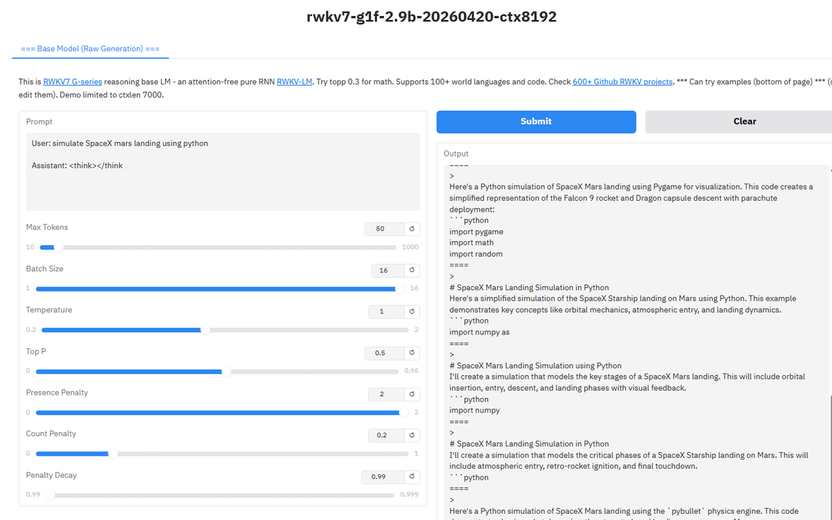 BlinkDL_AI's tweet photo. Fast bsz16 inference of RWKV-7 G1f at https://t.co/lIgELzMbaH (2.9B) and https://t.co/k0AivnxCwP (currently bsz2 for 7.2B fp16 inference, as T4 seems to have less usable VRAM than 16G) https://t.co/9PUfyuSlrP