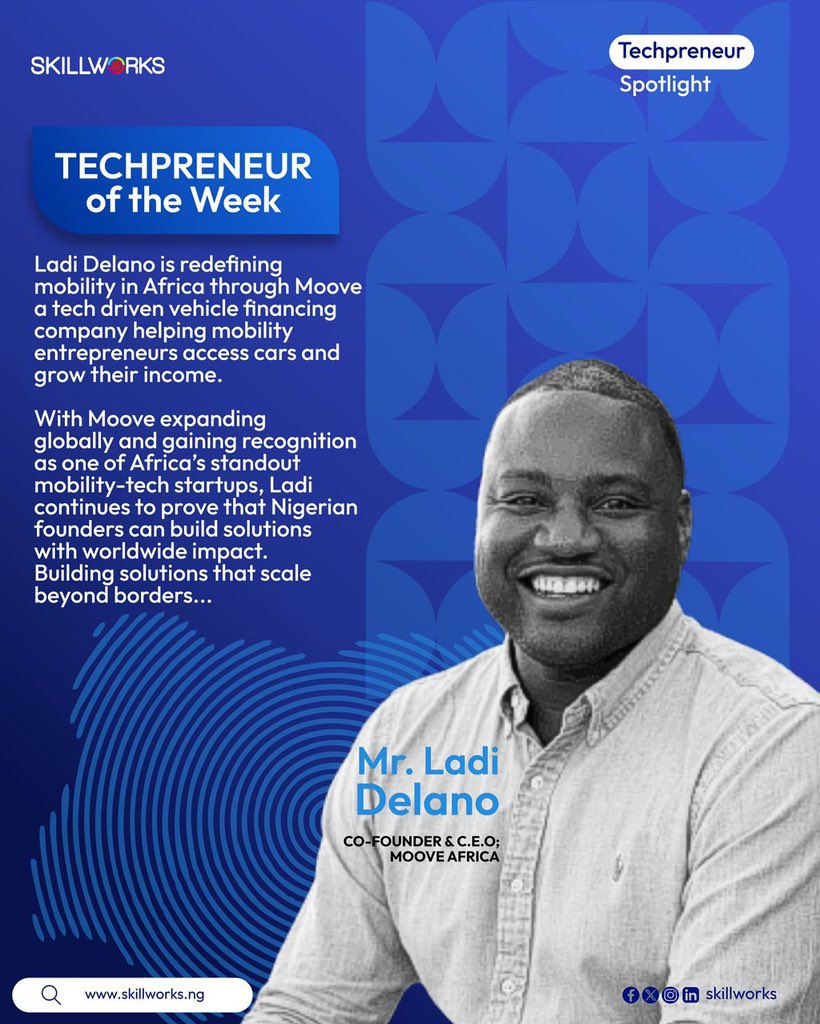 Skillworks_'s tweet photo. The real flex in tech is building something people can’t ignore.

This week’s Techpreneur spotlight goes to Ladi Delano building Moove into a globally recognized mobility-tech company from Africa. 

#TechpreneurOfTheWeek #Skillworks #TechTwitterNG #BuildInPublic https://t.co/6nzhCLvAv0