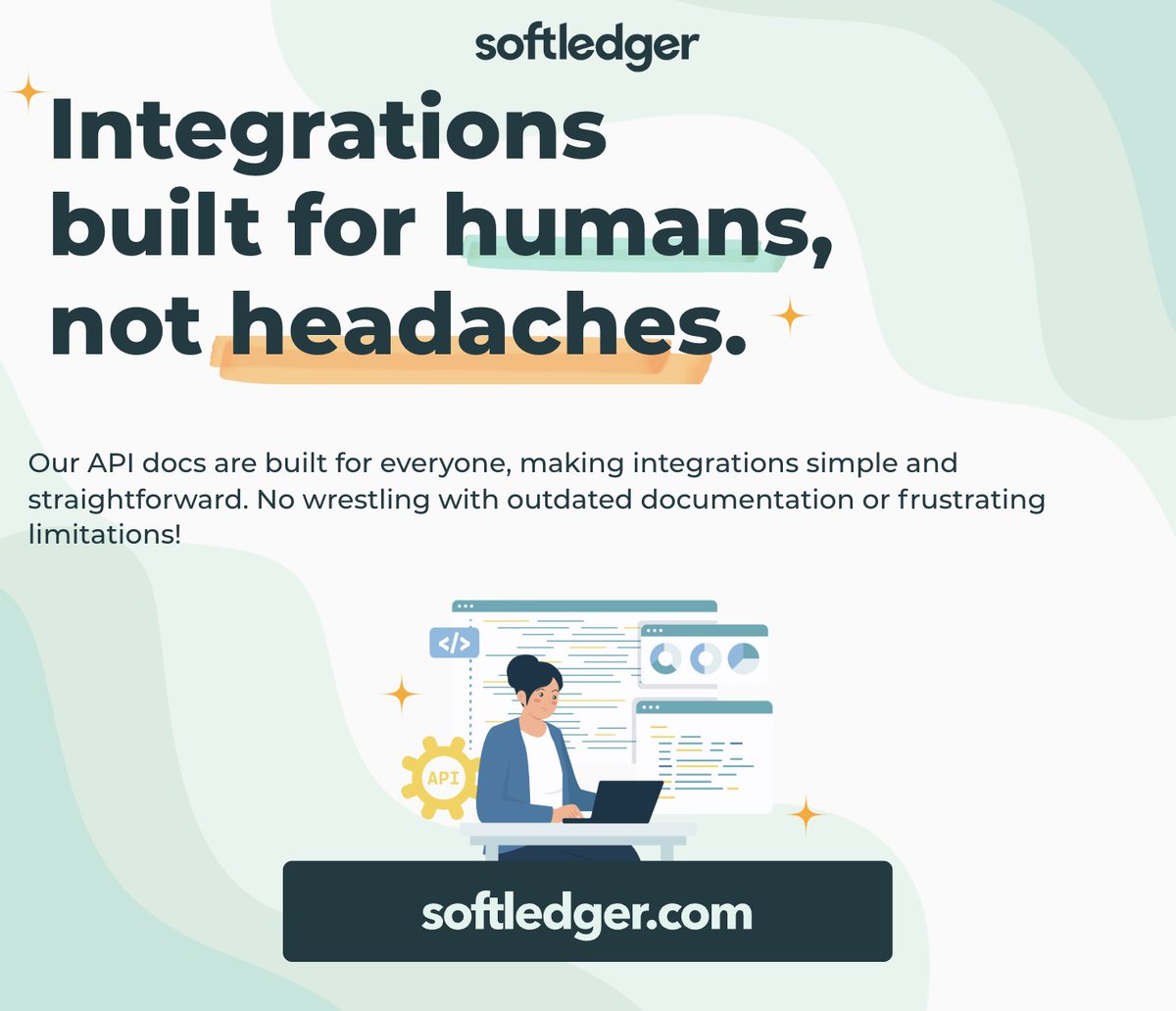 SoftLedger's tweet photo. Integrations shouldn't give you a headache. 

At SoftLedger, our API docs are built for humans. Clear, accessible, and ready to use without the headaches. Whether you're connecting your favorite tools or building something custom, we make it simple.

https://t.co/BYxLO8Ojg5

#AccountingAPI #SoftLedger