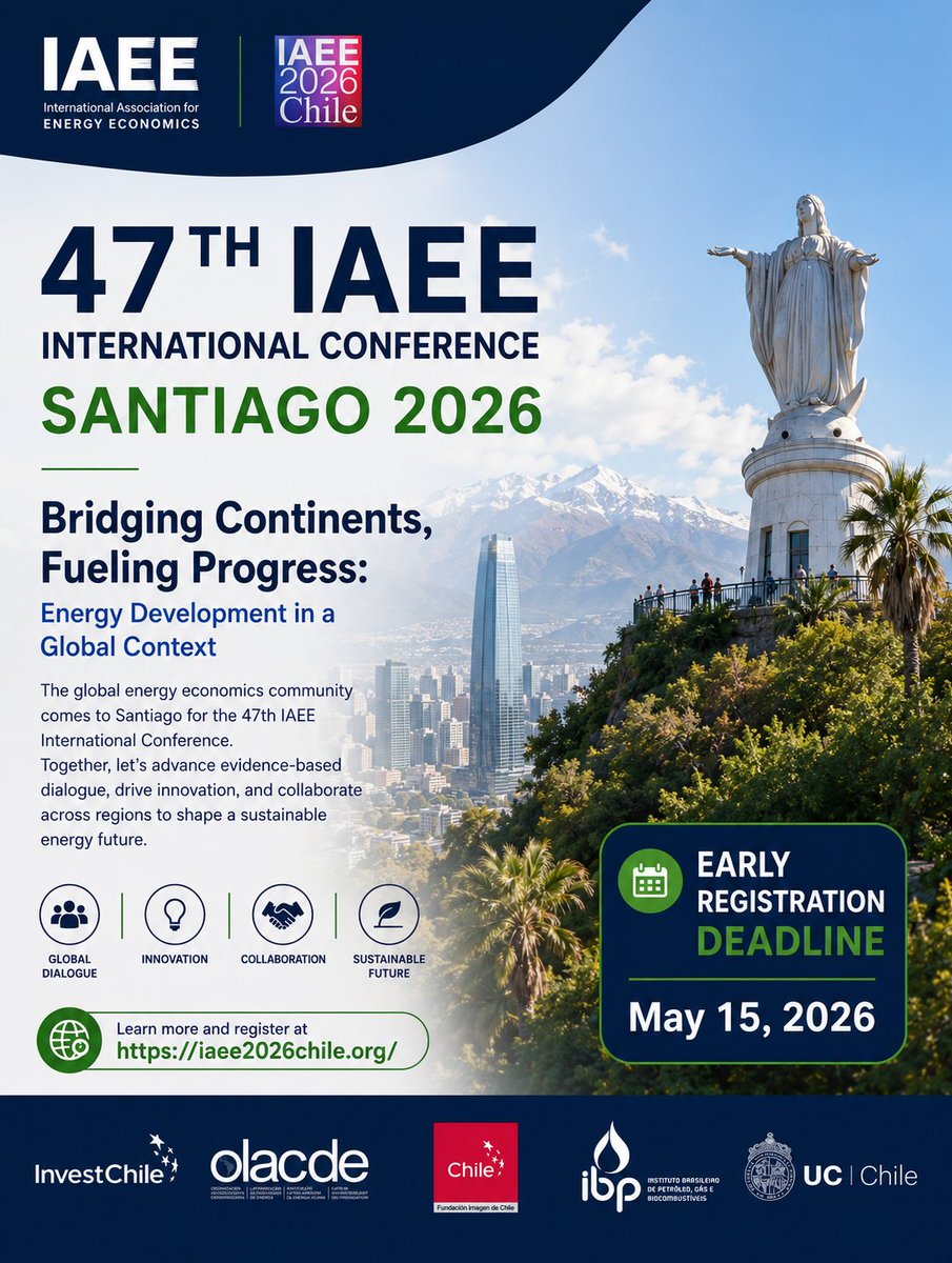IA4EE's tweet photo. Last call! Early registration for the 47th IAEE Conference ends today.

Looking forward to seeing energy leaders, researchers &amp; policymakers in Santiago this July to talk energy transition, markets, tech, and the future of the sector.

Register: https://t.co/UjF76FGHwP https://t.co/KUvfL3LT0E