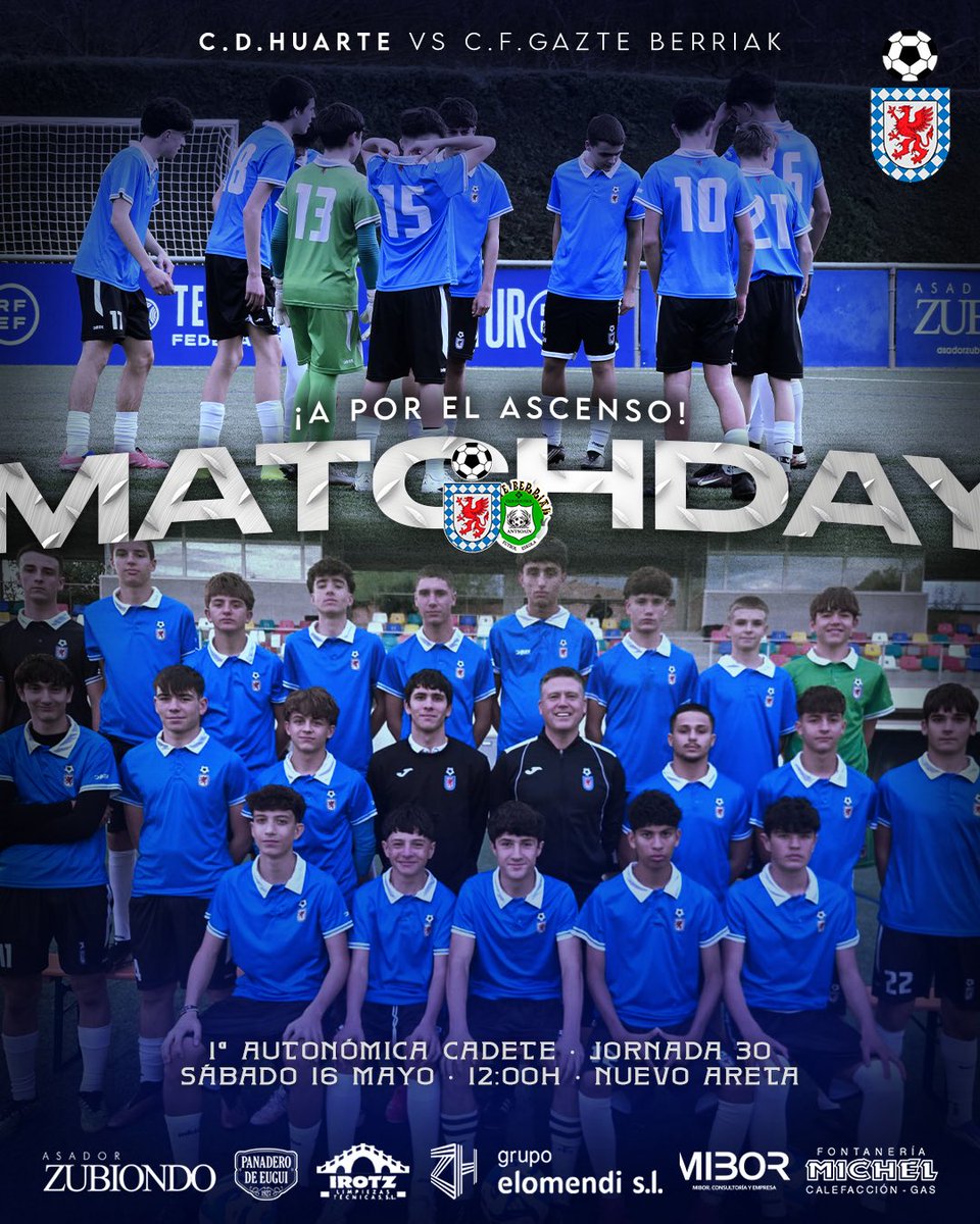 CD_HUARTE's tweet photo. ¡El 𝗖𝗮𝗱𝗲𝘁𝗲 os necesita! 💪🏻💙

Mañana a las 12:00 nuestra cantera se juega subir a Liga Cadete en la último jornada de liga. 

¡Os esperamos a todos! 

#TodoAlAzul | #Cantera https://t.co/eUOjGsK08j