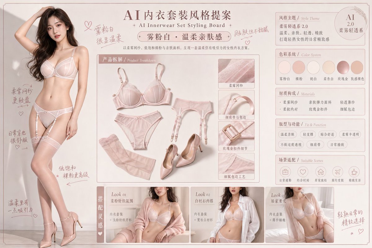 MrLarus's tweet photo. 🌟用ChatGPT-Image2生成《AI内衣套装提案》，柔雾轻透系！

薄纱轻透+柔雾亲肤+第二层肌肤包裹，轻盈薄纱下更显性感：
1、象牙白：柔雾轻婚礼感
2、雾粉白：温柔亲肤感
3、裸米香槟：第二层肌肤感
4、柔灰白：极简轻透感

高级亲肤又带着克制诱惑，呼吸感和氛围感直接拉满！
（提示词参考引用推） https://t.co/XUiv3MZptp