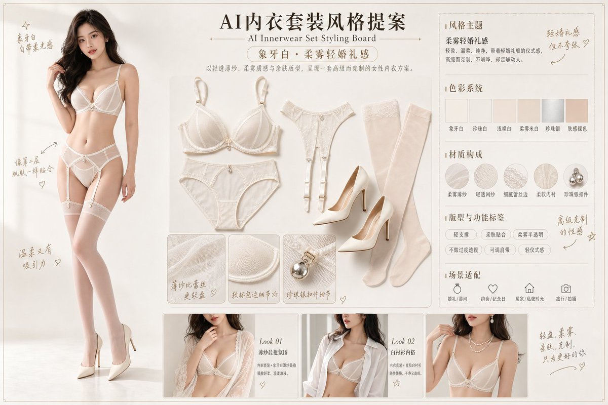 MrLarus's tweet photo. 🌟用ChatGPT-Image2生成《AI内衣套装提案》，柔雾轻透系！

薄纱轻透+柔雾亲肤+第二层肌肤包裹，轻盈薄纱下更显性感：
1、象牙白：柔雾轻婚礼感
2、雾粉白：温柔亲肤感
3、裸米香槟：第二层肌肤感
4、柔灰白：极简轻透感

高级亲肤又带着克制诱惑，呼吸感和氛围感直接拉满！
（提示词参考引用推） https://t.co/XUiv3MZptp
