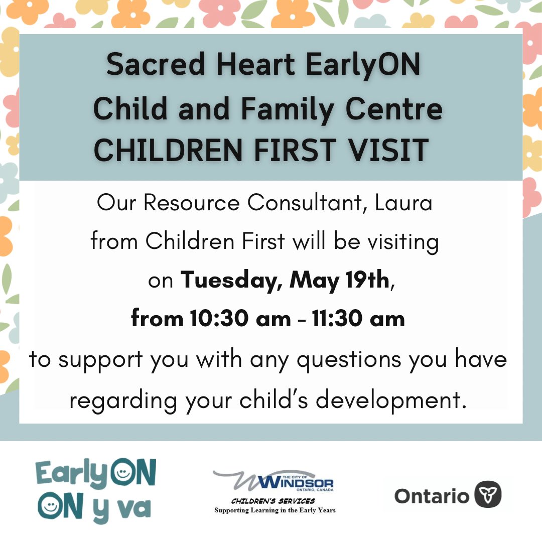 WEEarlyON's tweet photo. Sacred Heart EarlyON Child and Family Centres Children First Visit- Our Resource Consultant, Laura from Children First will be visiting on Tuesday, May 19th from 10:30 am -11:30 am to support you with any questions you have regarding your child’s development. https://t.co/lOGv1w5ulT