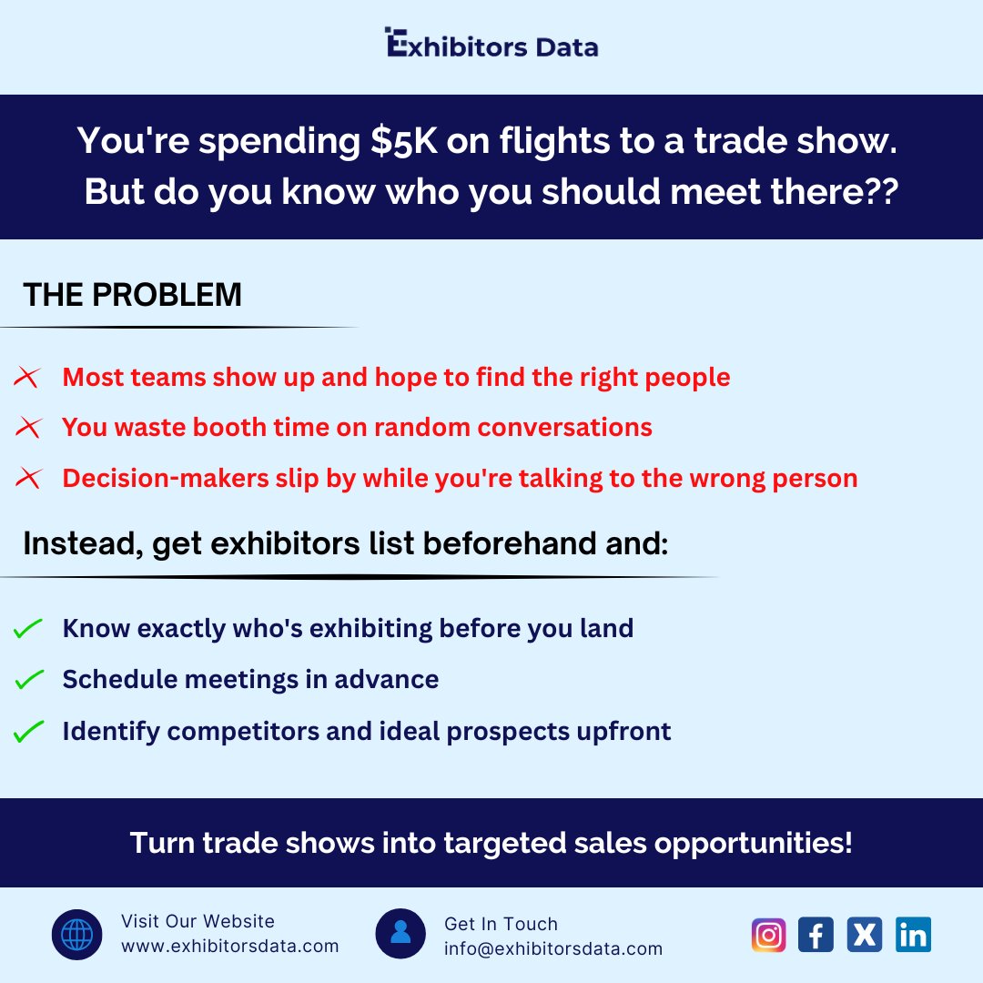 ExhibitorsData's tweet photo. Did you know that 82% of all trade show attendees are decision-makers, and 76% arrive with their target lists and booth visits already decided?

Exhibitors Data provides you with event intelligence on C-level executives, directors, and managers before you even step onto the floor. With 98% accuracy, we equip your team with verified corporate emails, phone numbers, and LinkedIn information, helping you connect directly with your best prospects.

Get your targeted lead list today.

Reach us at: info@exhibitorsdata.com
Find out more at: https://t.co/PheTSYpHIA

#LeadGeneration #EventLeads #Conferenceleads #Expomarketing #BusinessConventions #CorporateExpos #Eventmarketing #B2BOutreach #ExhibitorData #EventData #TradeShowStrategy #B2BData #EmailLists #Tradeshows2026 #ProspectLists #B2BIntelligence #SalesIntelligence #TargetedLists #ExhibitorsData #ExhibitorLists #AttendeeData