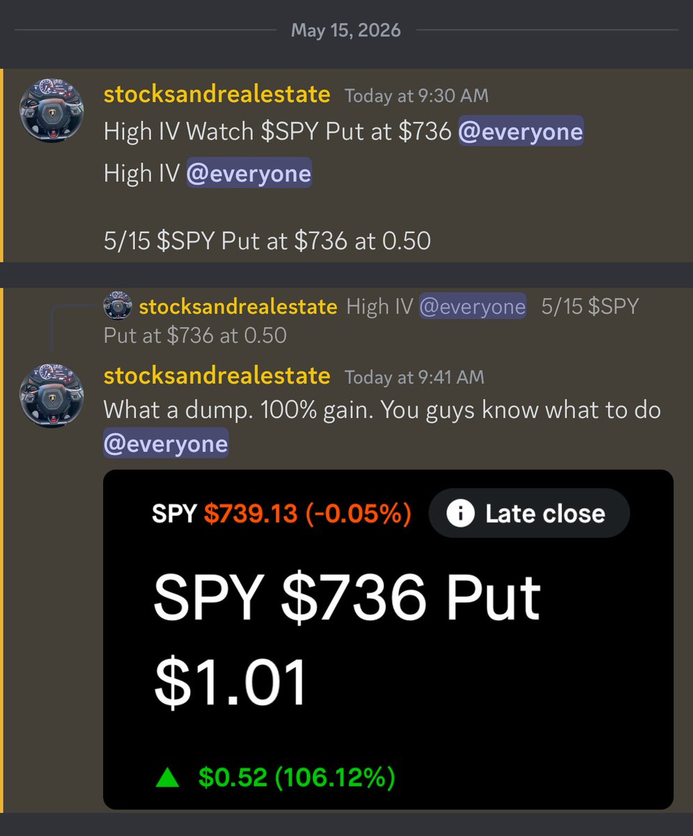 stocksandreales's tweet photo. CALLED THE CRASH AT 9:30AM
5/15 $SPY Put $736 0.50
5/15 $IWM Put $276 0.22 https://t.co/s0DjvkBxX1