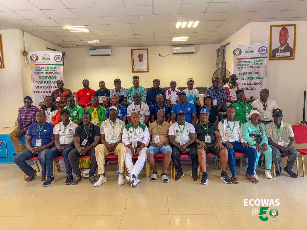 ecowas_cedeao's tweet photo. TECHNICAL MEETING OF THE 14TH EDITION OF ECOWAS AFRICAN WRESTLING TOURNAMENT

ECOWAS Officials, TOLAC Technical team and Participants of the 14th Edition of the ECOWAS African Wrestling Tournament (TOLAC) held a technical meeting, 14th May, 2026 in Banjul, the Gambia ahead of the major sporting and cultural event that brings together the region’s finest traditional wrestlers.

Organized by the ECOWAS Youth and Sports Development Center, the tournament reflects the institution’s continued commitment to promoting African cultural values, strengthening social cohesion, and advancing regional integration through sport. Ahead of the competition, participating teams from ECOWAS Member States successfully completed official weigh-ins across five categories: 66kg, 75kg, 85kg, 100kg, and 120kg. The teams have also been drawn into three groups, setting the stage for highly competitive bouts as the tournament commences on May 15. 

This year’s TOLAC promises not only thrilling displays of strength and skill but also a celebration of shared heritage and unity among ECOWAS Member States.