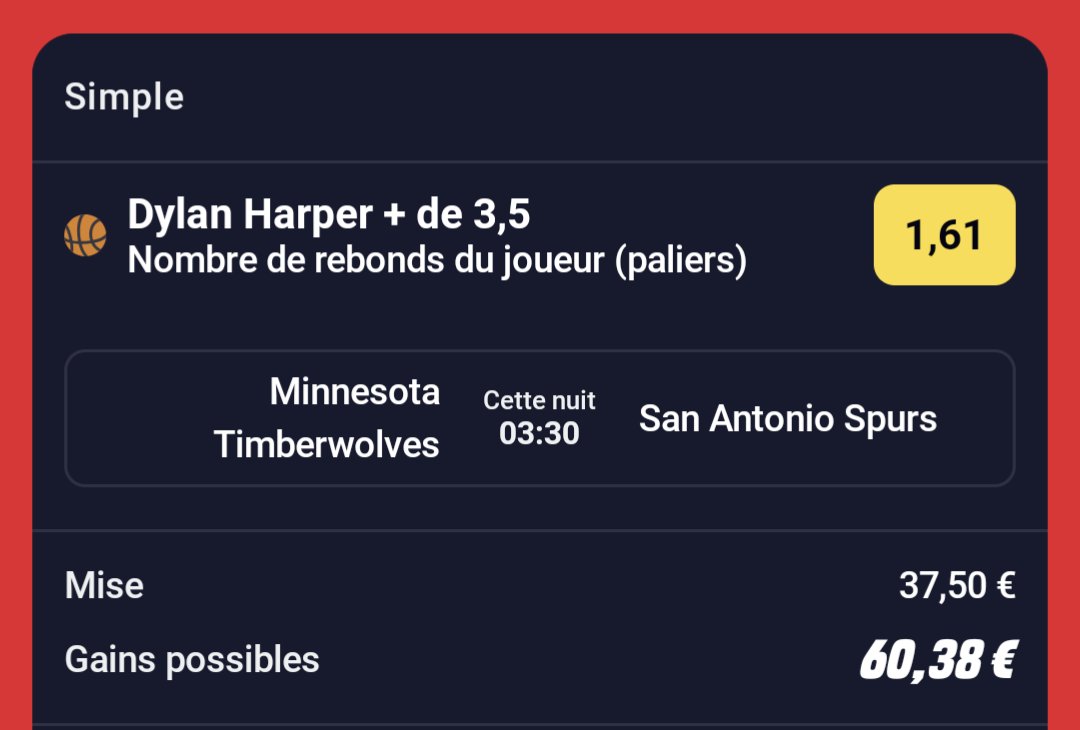 BetClem_'s tweet photo. BETS NBA PLAYOFFS 🏆🏀🇺🇸 16/05 🗓️

🇺🇸 D. Harper +3.5 rebonds @1.61 (1.5%)

✍️  Dylan Harper passe le cut 100% du temps sur cette série (5/5) our une moyenne de 6.4 rebonds par match. Le jeune rookie des Spurs a fait une superbe saison dans ce merveilleux collectif des Spurs.

Il répond également présent durant ces playoffs et fait des performances remarquables. Il a inscrit 24 pts lors du game 4 ou bien il a récolté 10 rebonds lors du game 5.

Ce soir game 6 décisif, les Spurs mènent 3-2 et se retrouvent au Target Center de Minneapolis pour tenter de mettre un terme à cette série et retrouver OKC en finale de conférence.

J'attends un match dur, accroché, des Wolves combatif , de la bonne défense avec des tirs contestés et par conséquent davantage de rebonds. Harper en sortie de banc aura de nouveau un rôle important et j'attends son énergie notamment aux rebonds.

📊 @propsdotcash 

Recherche faite à l'aide de : https://t.co/OXQyRa44Bj  25% de réduction avec le code promo CLEM25

Tu souhaites soutenir mon analyse et mon travail ? 👨‍💻
Inscris-toi ici 👇
https://t.co/yTDWeM6veJ
Code promo : BETCLEM
🎁 50% de ton 1er dépôt en freebet jusqu'à 200€

Début 3h30 🕒
💚 Si tu soutiens 
#TeamParieur