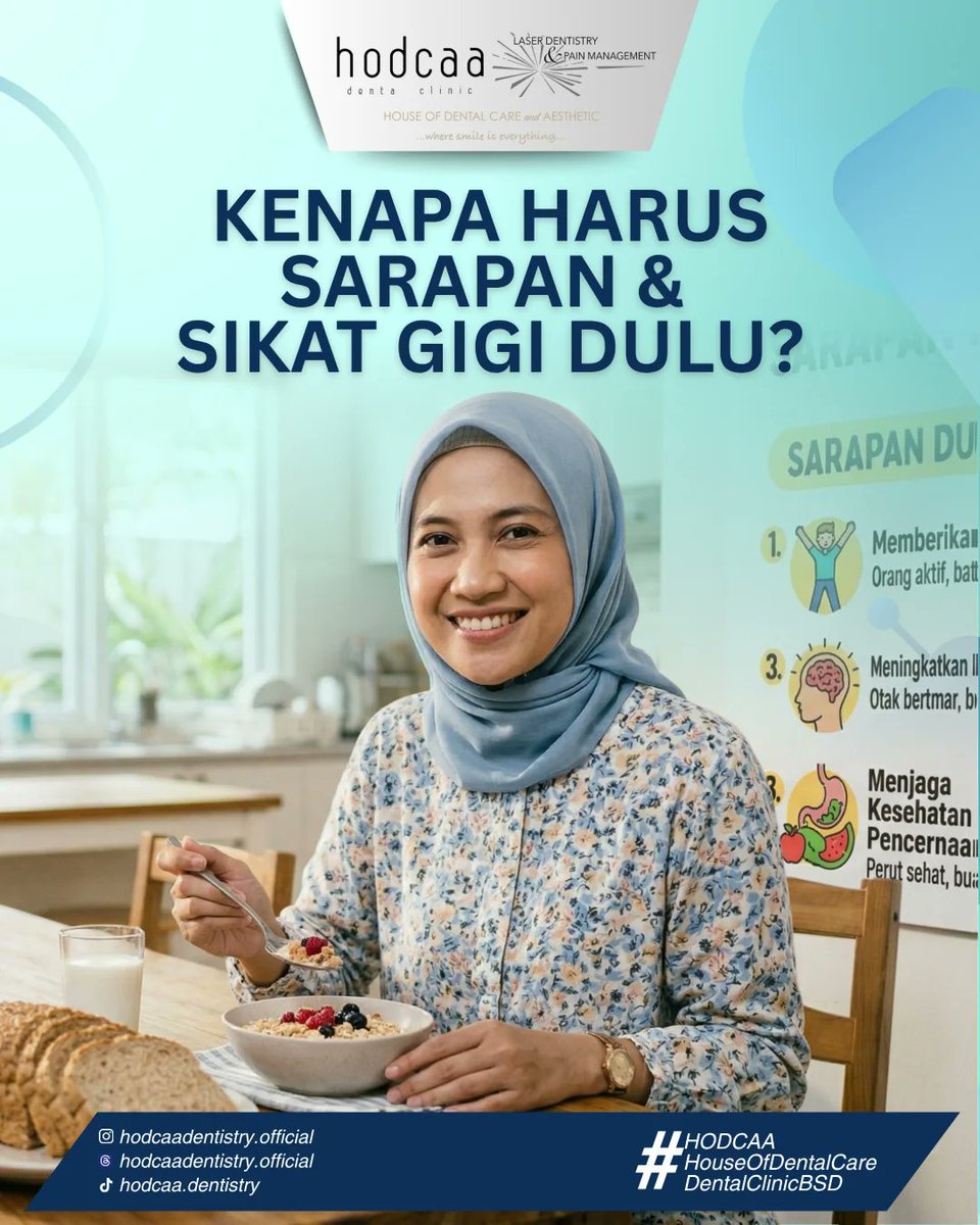 Hello__Dental's tweet photo. Kenapa sarapan &amp; sikat gigi sebelum ke dokter gigi? 🌞

Makanan bergizi memberikan energi dan kesehatan untuk tubuh, sedangkan sikat gigi menjaga kebersihan mulut agar nyaman saat pemeriksaan. 
#HodcaaDentalClinic #DentalClinicBSD #HodcaaBSD #PremiumDentalClinic #aestheticdental https://t.co/xPGpBtAVSB