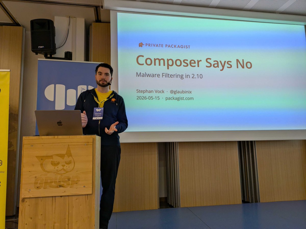 packagist's tweet photo. We hope you enjoyed @glaubinix talk on the malware filtering features in Composer 2.10 at phpday. Try them out on latest snapshots today. Appreciate early feedback! Proud to sponsor @phpday in Verona, Italy! #php #phpc #phpday #composerphp https://t.co/KFwMbFnPUA