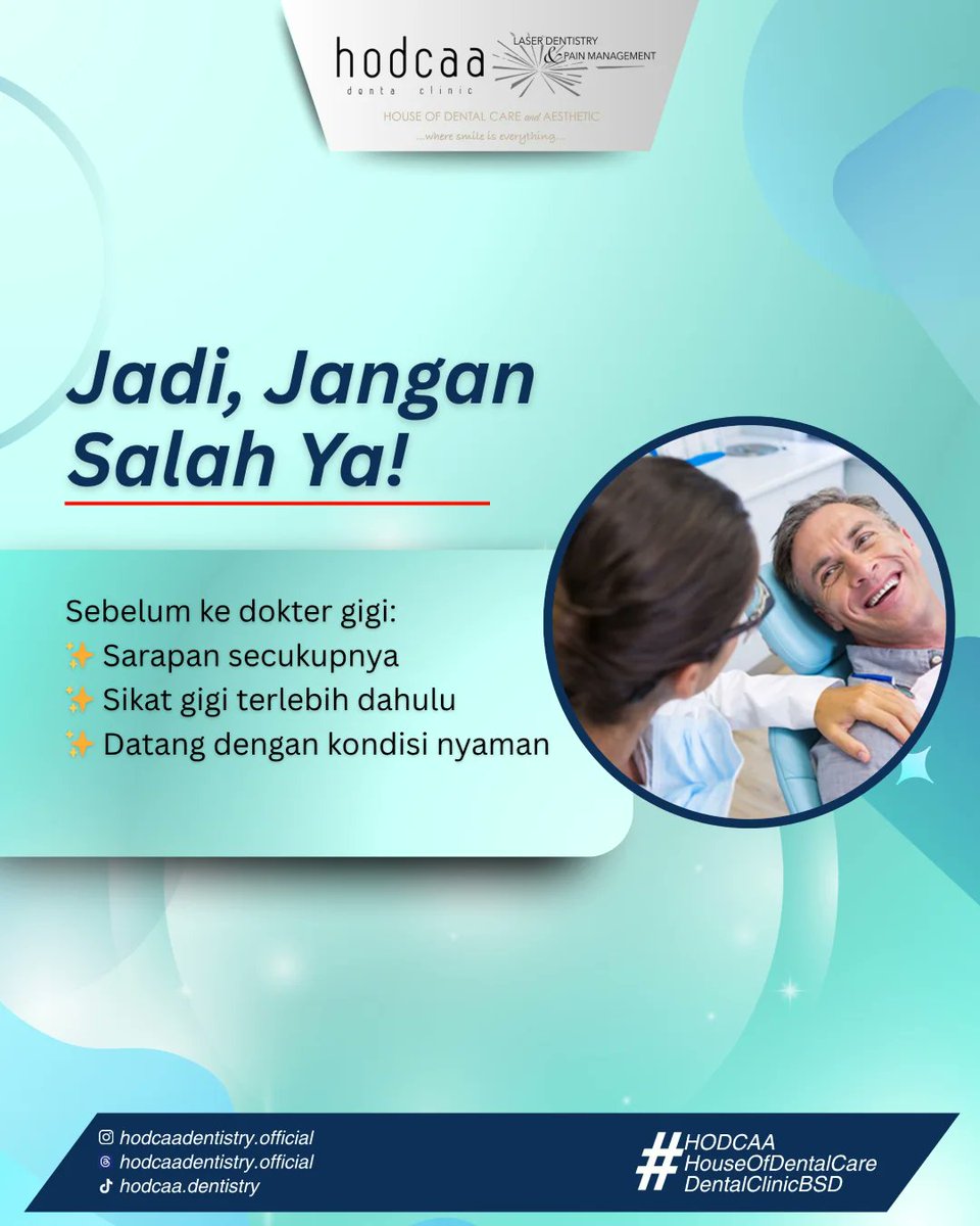 Hello__Dental's tweet photo. Kenapa sarapan &amp; sikat gigi sebelum ke dokter gigi? 🌞

Makanan bergizi memberikan energi dan kesehatan untuk tubuh, sedangkan sikat gigi menjaga kebersihan mulut agar nyaman saat pemeriksaan. 
#HodcaaDentalClinic #DentalClinicBSD #HodcaaBSD #PremiumDentalClinic #aestheticdental https://t.co/xPGpBtAVSB