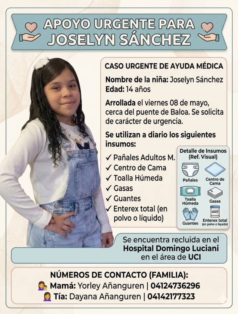 DanielAlvarezRo's tweet photo. #14may Una adolescente de 14 años fue arrollada por un vehículo. Requiere con urgencia: pañales para adulto talla “M”, centro de cama, toallas húmedas, gasas, guantes de látex y enterex total. Quienes pidan ayudar comunicarse al 0412-473-62-96 https://t.co/jpxlRzKvWZ