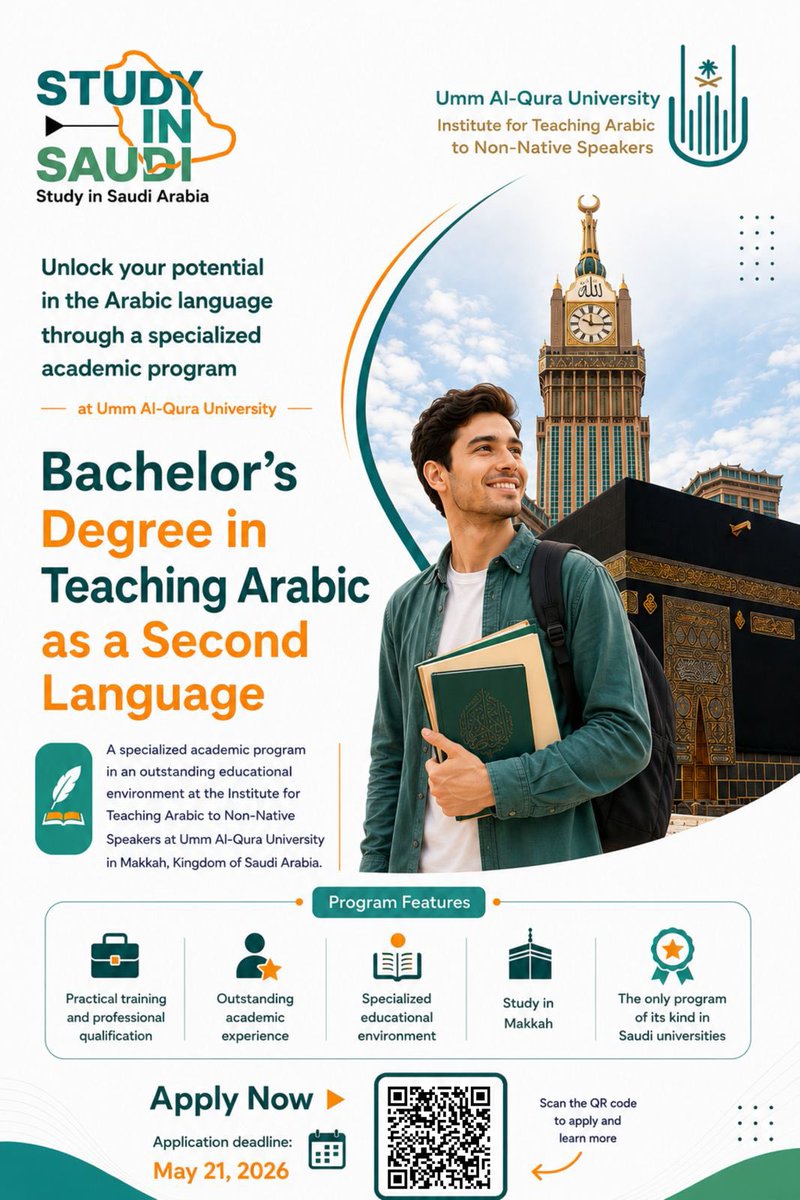 arabicmakka's tweet photo. From Makkah to the World 🌍
Begin your professional journey in teaching and promoting the Arabic language with excellence and distinction across the globe ✨

📚 Bachelor’s Degree in Teaching Arabic as a Second Language at Umm Al-Qura University

⏳ Deadline: May 21, 2026 https://t.co/kCw3vmso6b
