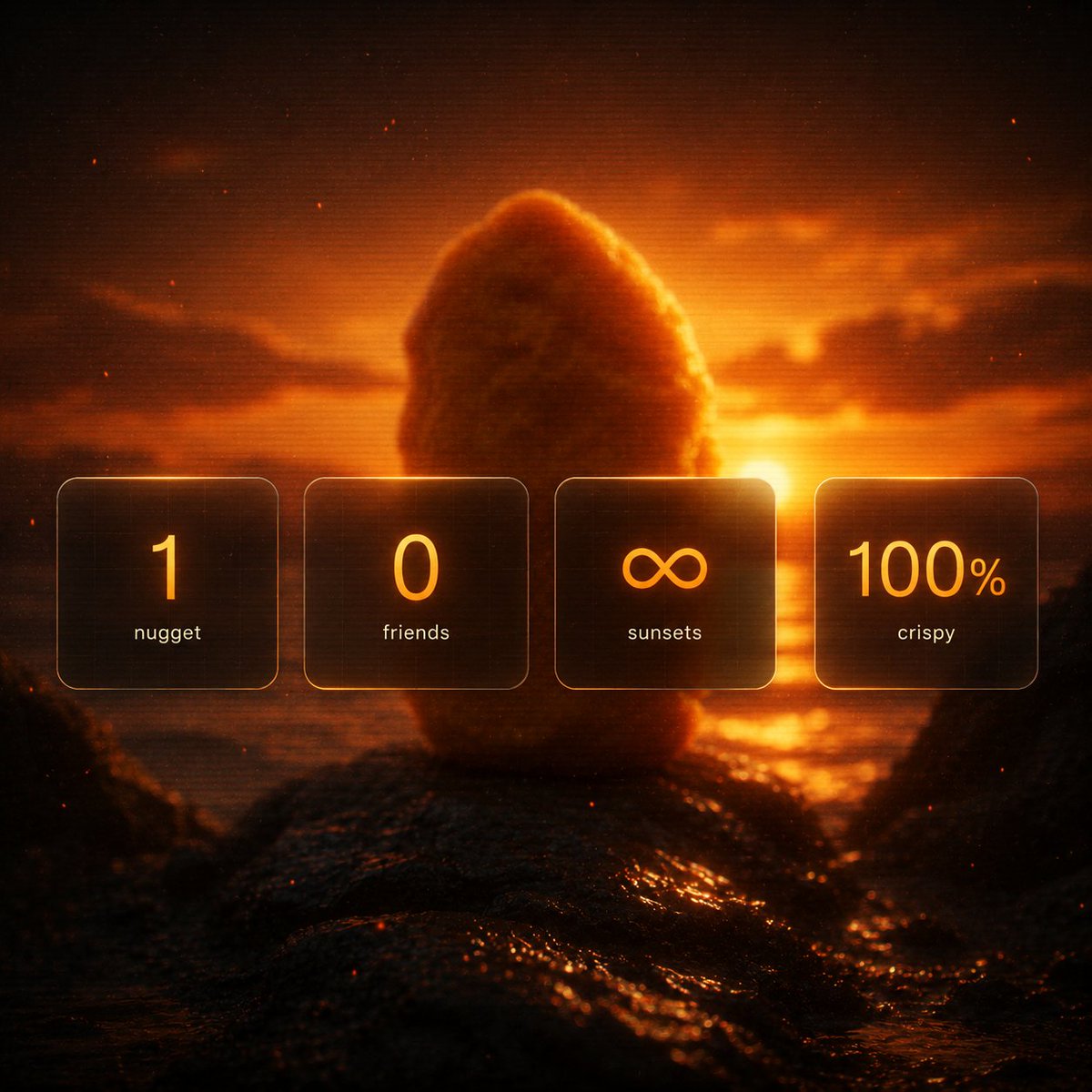 nuggetworld_fun's tweet photo. The Stats Say It All: 1 $Nugget, 0 Friends, Endless Sunsets, 100% Crispy. ✨

Alone $Nugget Is Not Trying To Be Everything. It Is The Snack-sized Monument That Refuses To Leave.

#Solana #MemeCoin #AloneNugget https://t.co/blheobgt4H