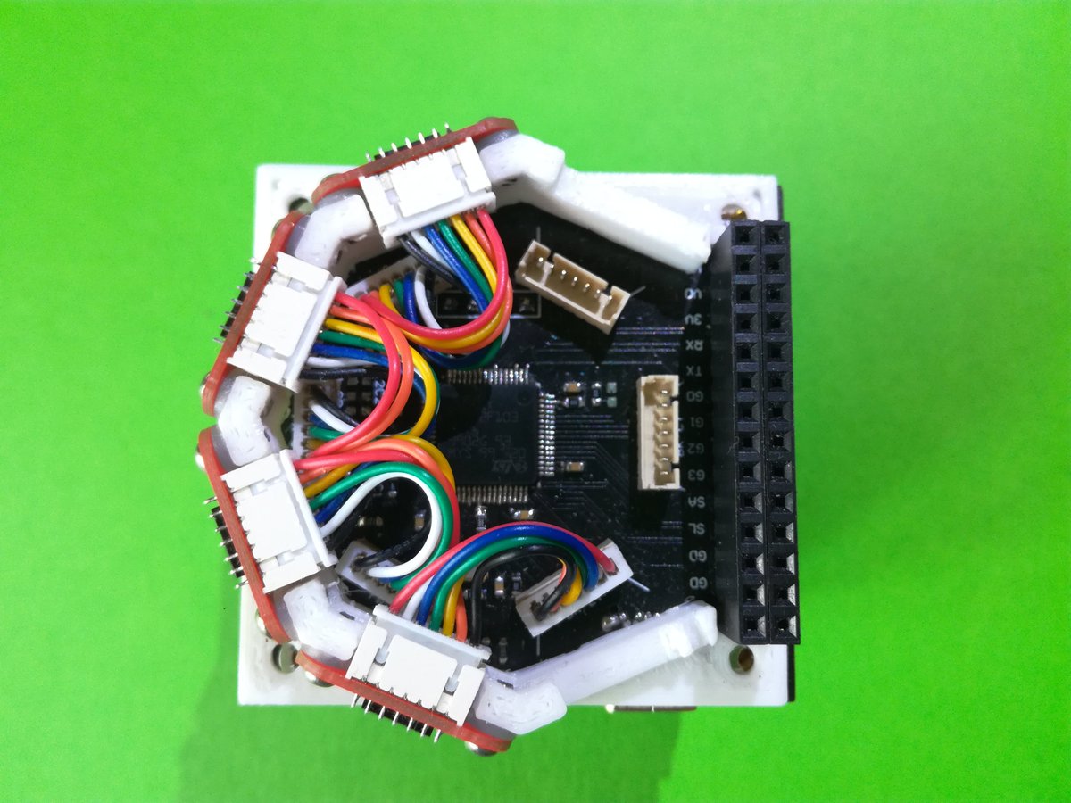 NotBlackMagic1's tweet photo. I have developed a similar system as well, using 4 ToF sensors from STM to create a 180º Solid State LiDAR. 
This was part of my Mini Cube Robot project! Had it streaming the point cloud to the PC but stopped there. https://t.co/aBjzvDqTUG