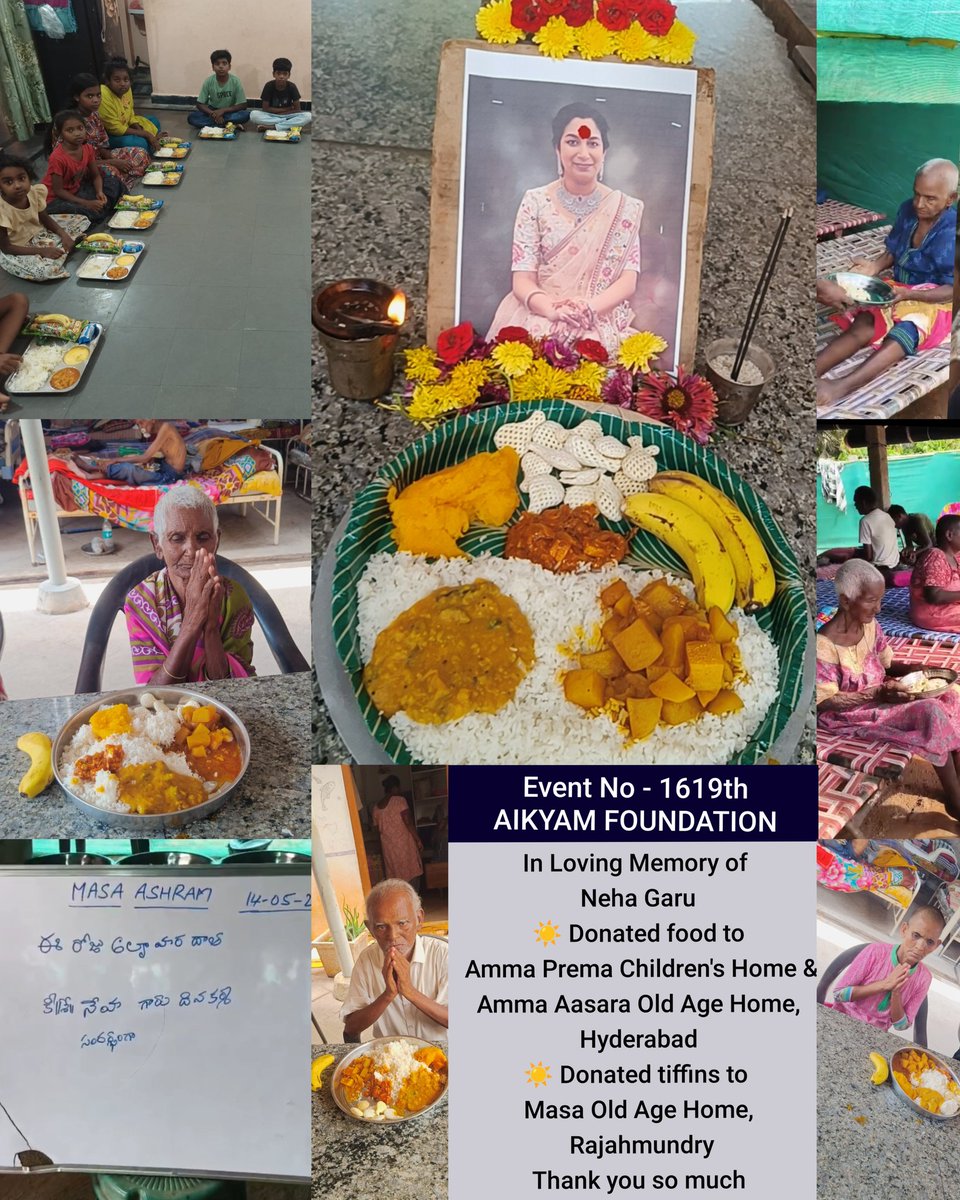 ursaikyam's tweet photo. Event No - 1619th Aikyam Foundation 
In Loving Memory of Neha Garu
☀️ Donated food to Amma Prema Children's Home &amp; Amma Aasara Old Age Home
☀️ Donated tiffin to Masa Old Age Home
#ursaikyamfoundation #ngo #inmemoryof #kirankantipudi #hyderabad #oldagehome #trending #humanity https://t.co/gfuBTutjSv