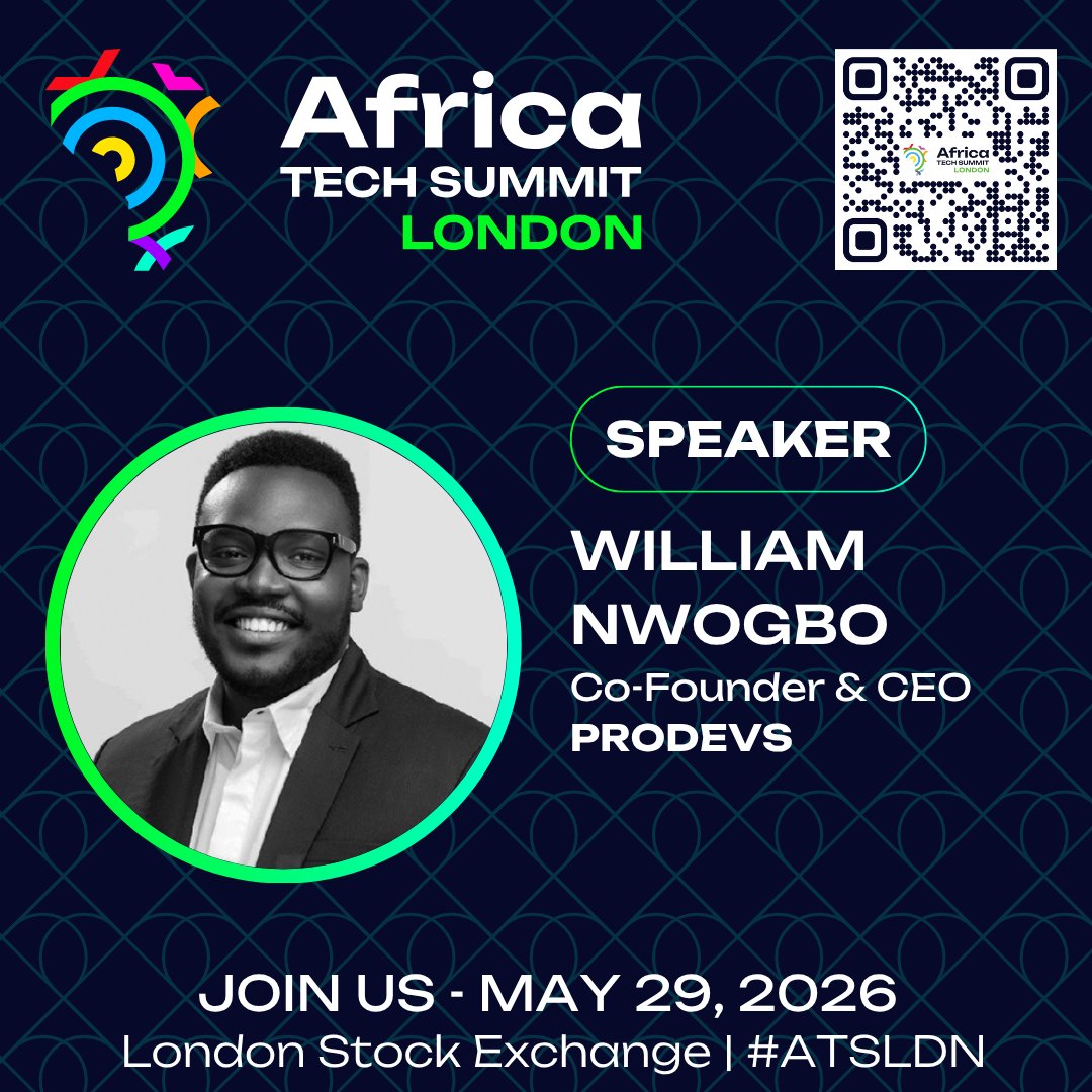 AppsAfrica's tweet photo. Africa Tech Summit London, May 29, 2026. Look forward to having William Nwogbo from @Prodevs_io join us on the #ATSLDN speaker line-up to share his expert insights. Join 350+ leaders shaping Africa’s future. Register for Final Passes: https://t.co/Delpkai3FQ https://t.co/cnUZgXenyR
