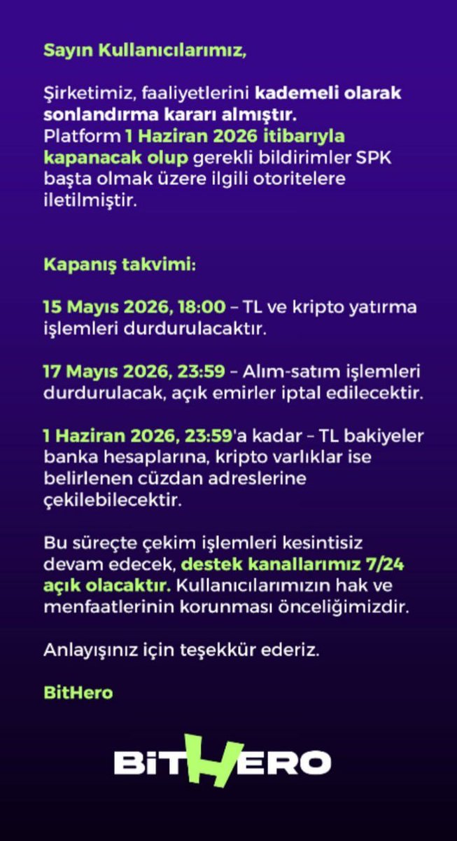 BraveGovernor's tweet photo. Bithero 1 haziran itibari ile faaliyetlerini durduracak lütfen varlıklarınız varsa çekin https://t.co/nirgEtIwLc