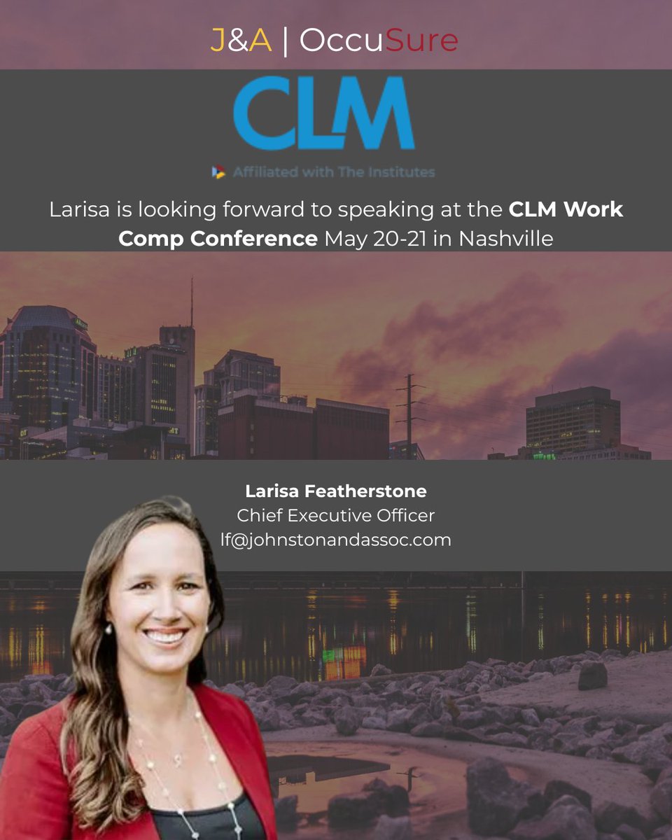 ja_safety's tweet photo. Larisa is excited to speak at the CLM Work Comp Conference from May 20-21 in Nashville, TN.
Reach out to Larisa to connect 
lf@johnstonandassoc.com
.
.
#johnstonandassociates #OSHA #TPA #thirdpartyadministrator #occupationalsafety #nursecasemanagement #tennessee #nashville https://t.co/ZgvZcukS9P