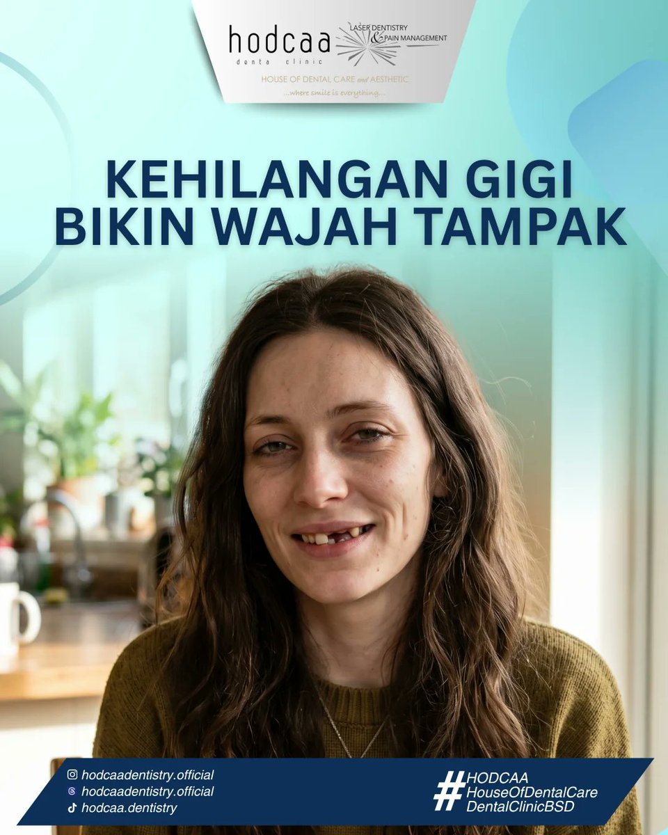 Hello__Dental's tweet photo. ✨ Tidak hanya soal penampilan
Kehilangan gigi bisa memengaruhi lebih dari yang kita pikirkan. 

Namun, jangan khawatir! Kami di HODCAA Dental Clinic siap membantu Anda.

#HodcaaDentalClinic #DentalClinicBSD #HodcaaBSD #PremiumDentalClinic #aestheticdental https://t.co/w4OZq3uXb4