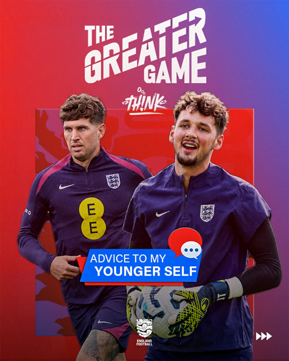 EnglandFootball's tweet photo. John Stones & James Trafford share the advice they would give to their younger selves 🥹💬
Together with #TheGreaterGame, players from the England Men's Senior team are encouraging football fans and players to #ThinkWell and prioritise wellbeing ❤️