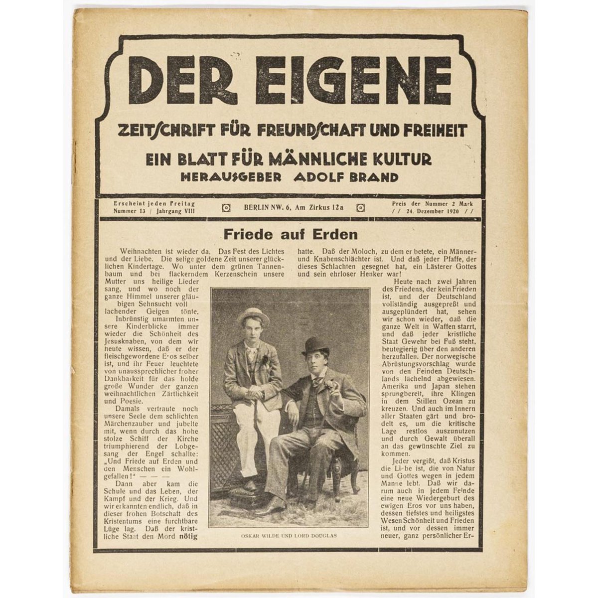 RT by @mikenov: A blithe Oscar with Bosie delivering his 'my slim gilt soul will cut you bitch' gaze. One of the 1920s issues of schwul mag Der Eigene heading to auction in a few days time. Kind souls seeking to donate them to an archive please tippy-tap the link.