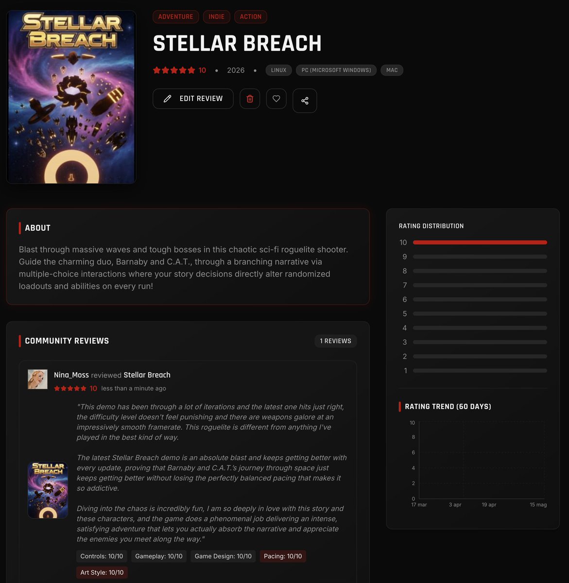 NinaMoss_M's tweet photo. That Friday feeling of finding one of your favorites on #gamecritx 🎮 

Love the 80s vibes, the amazing pacing, and the story of Stellar Breach! The latest patch makes an absolute blast even better. Still #TEAMCAT 

Shout out @We2Studios for the space to appreciate #IndieDevs! https://t.co/gu78TlTcq9