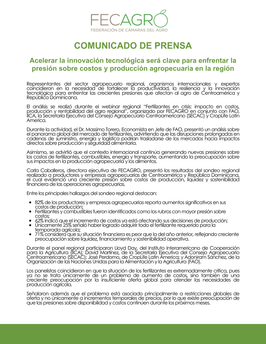 Fecagro's tweet photo. COMUNICADO DE PRENSA - Acelerar la innovación tecnológica será clave para enfrentar la presión sobre costos y producción agropecuaria en la región https://t.co/8z0jepKc0N