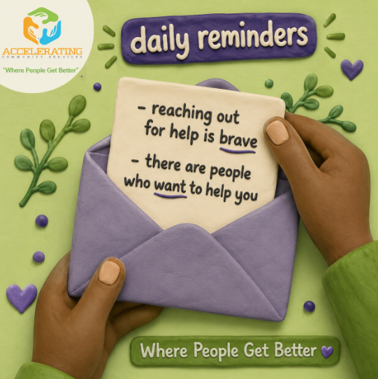 AcceleratingCS's tweet photo. 💚 Daily Reminder: Reaching out for help is brave. You don’t have to carry everything alone.

ACS offers Peer Support, Therapy, Case Management, Housing Support, Telehealth, Life Skills, Re-Entry Assistance &amp; more. 🌱

#MentalHealthAwareness #ACS #WherePeopleGetBetter #Friyay https://t.co/KH5UH12opE