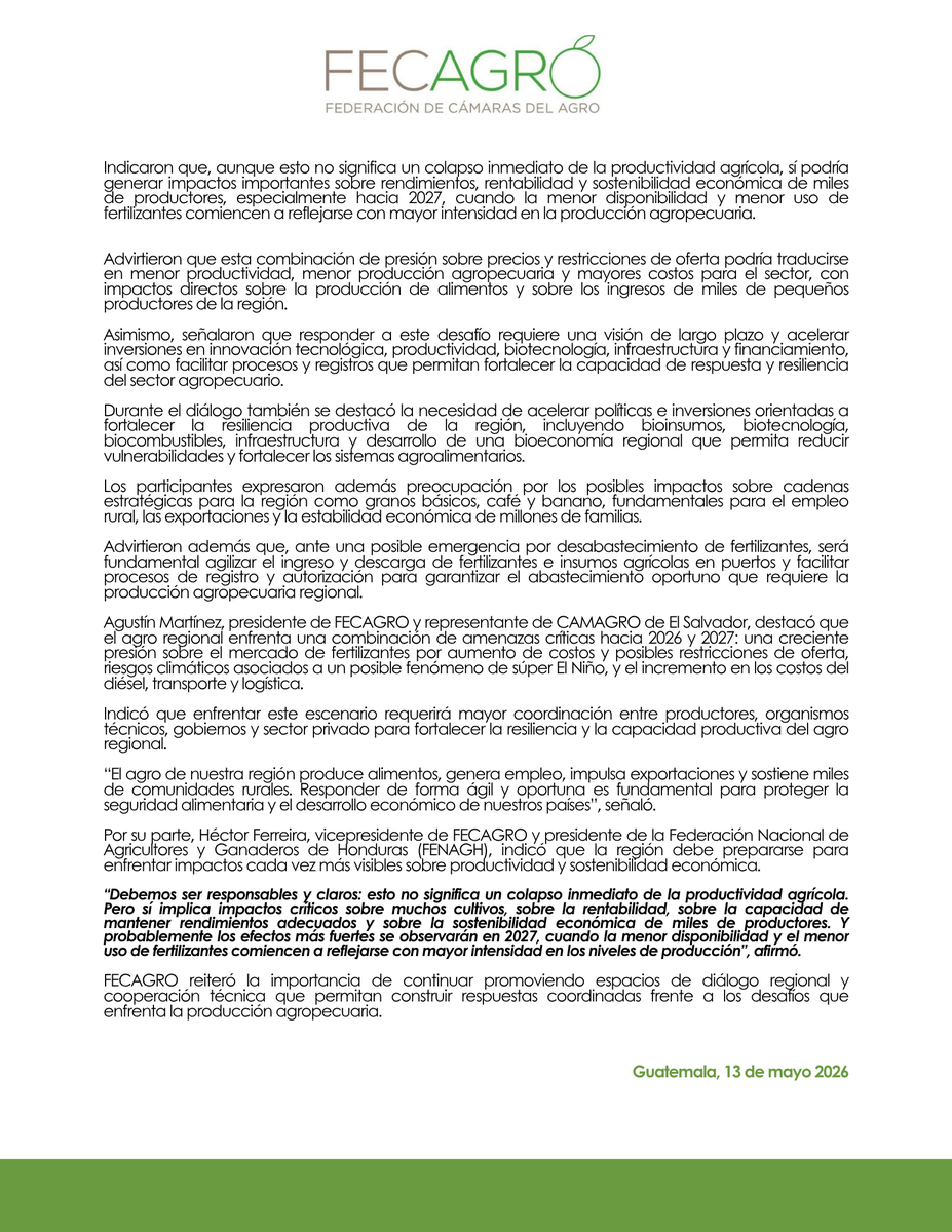 Fecagro's tweet photo. COMUNICADO DE PRENSA - Acelerar la innovación tecnológica será clave para enfrentar la presión sobre costos y producción agropecuaria en la región https://t.co/8z0jepKc0N